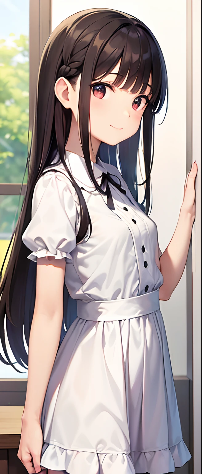 Best Quality,masutepiece,(All White Short Sleeve Ruffled Dress,White ribbon at waist at back...),(dark brown hair close to black),  pure、Upper body,(Straight hair:1.2)、Fair skin,french braids,Smile,Blunt bangs,　(Bangs Patsun)、耳Nipple Ring,　Shiny hair,　Left sideburns are longer than right sideburns,Front view of the body,、small tits、real  face、refinement、Reiko Kosugi、quality、Clothing that does not expose skin、(Straight hair:1.2)、modeled、kawaii、18year old、