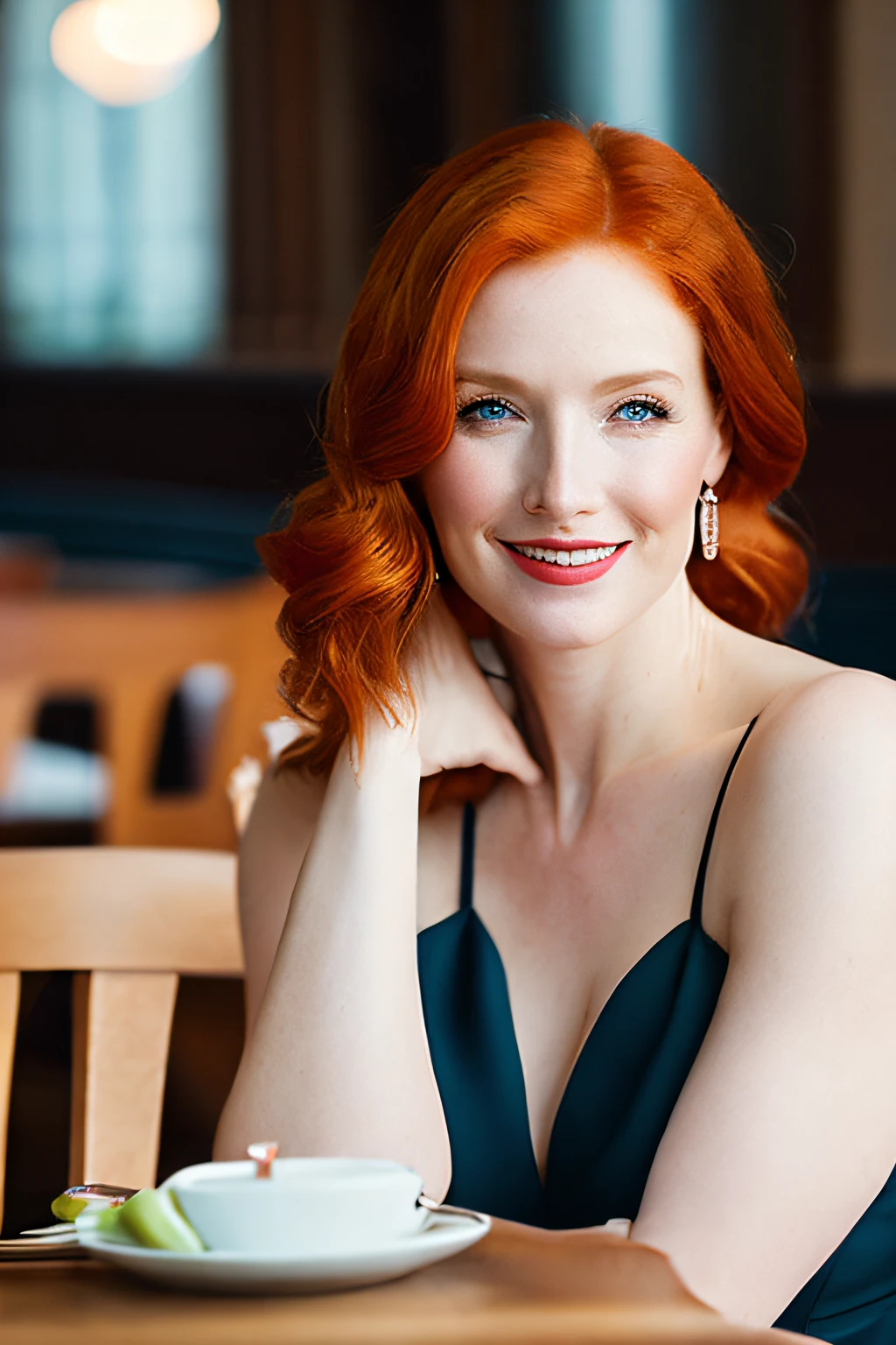 A 4K portrait captures the woman's charm as she enjoys a casual lunch in a well-lit café. Her ginger hair gracefully frames her face, bathed in the soft, flattering lighting. Her elegance shines through, and her gaze towards the camera maintains its alluring quality.