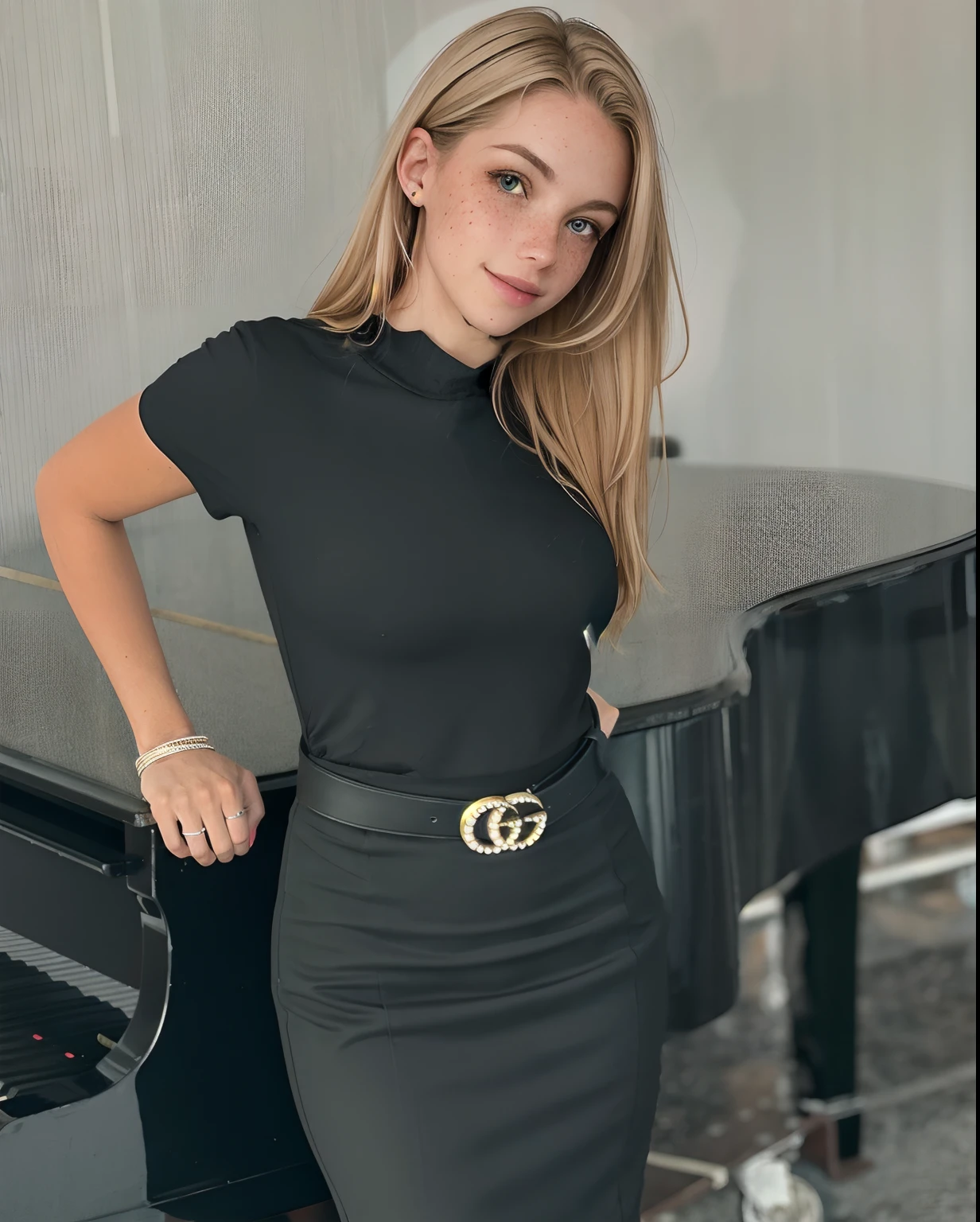 Rosto de uma mulher, americana, 25 anos, pale skin and freckles, olhos cinzas, nariz delicado, soft and delicate lips, cabelo blondie cinza longo e ondulados, sorriso meigo
