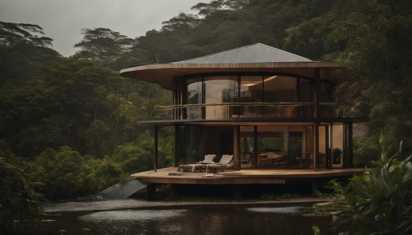Single-family duplex house next to water bodies and forests in tropical climates
