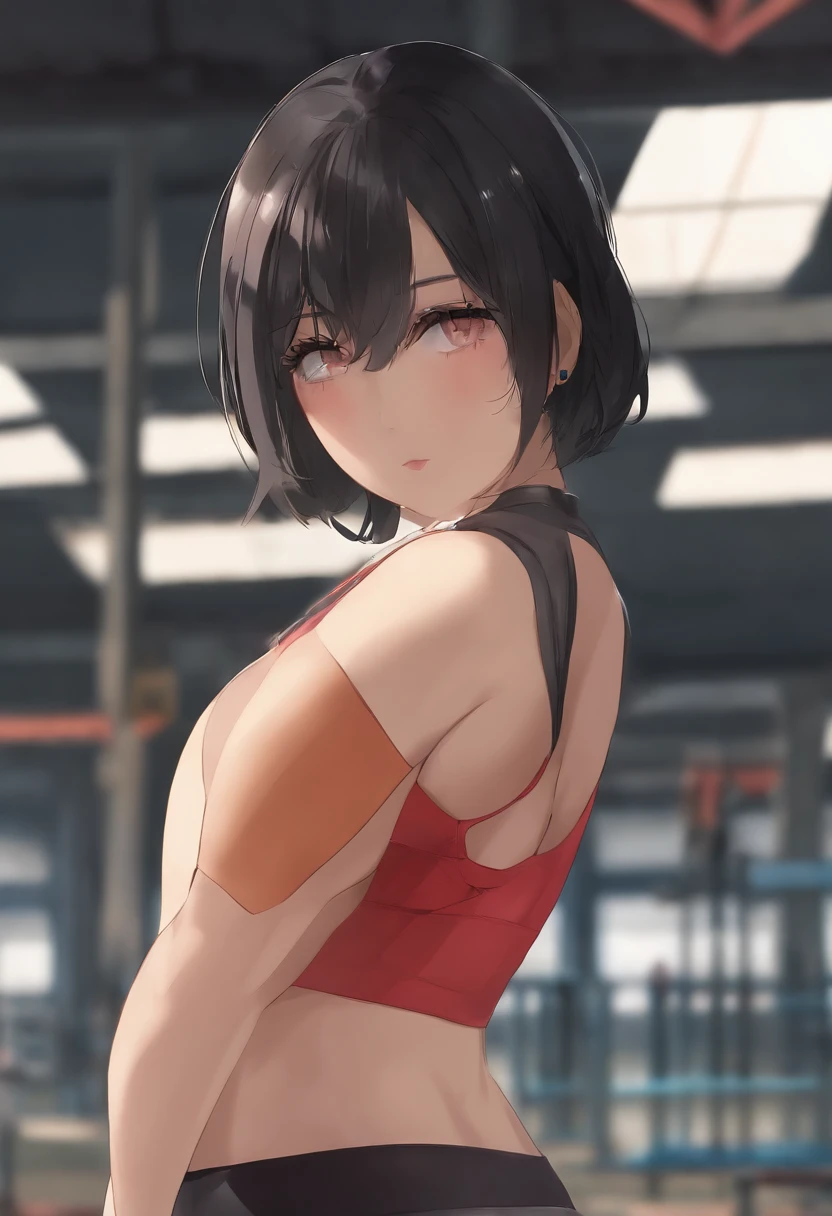 Japan person 40s Fair skin black hair Bob cut Double eyelids Sagging eyes Tears Bokuro Big tits Sportswear Gym