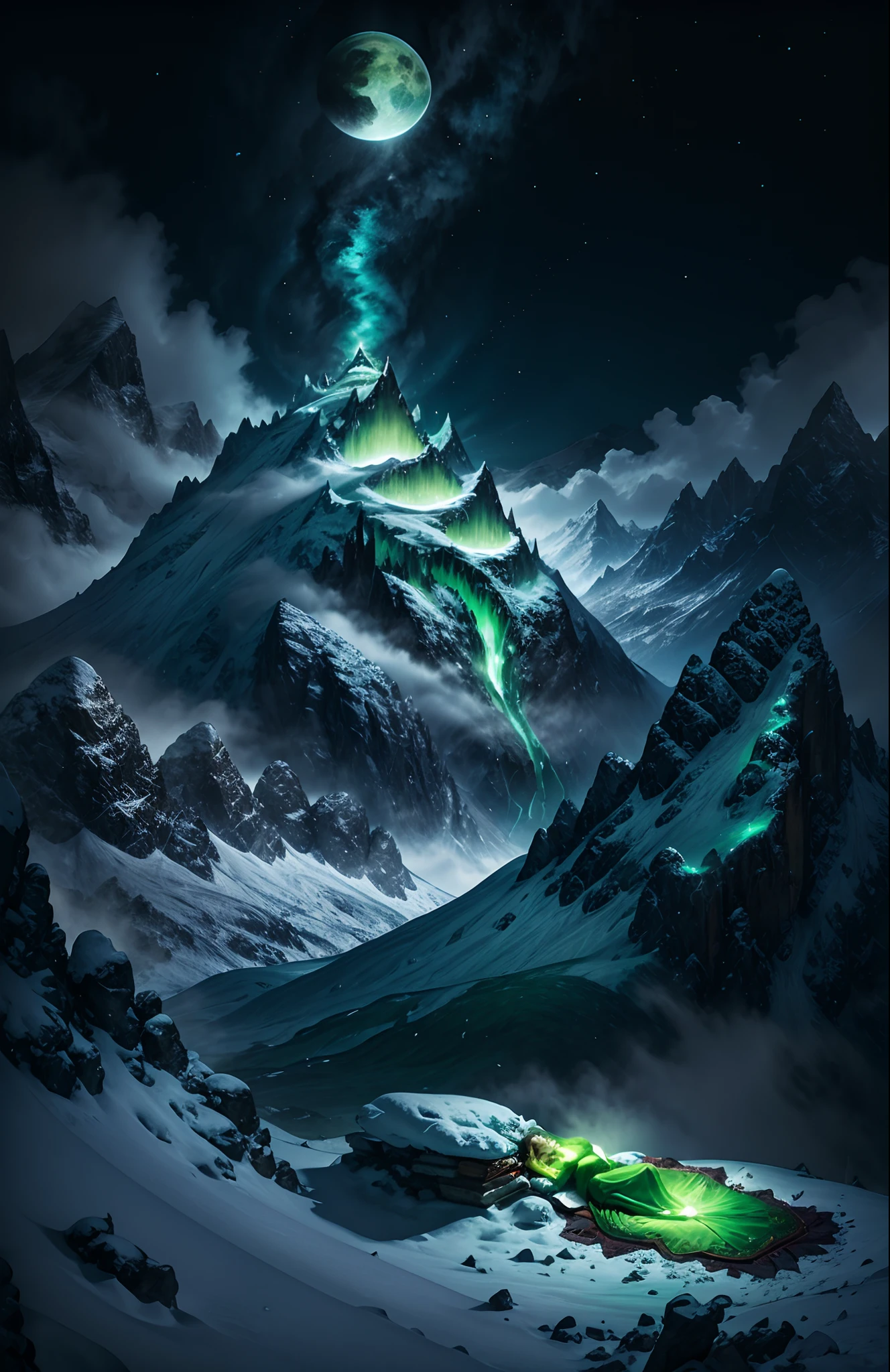 A green woman laying on her side sleeping and forming a mountain