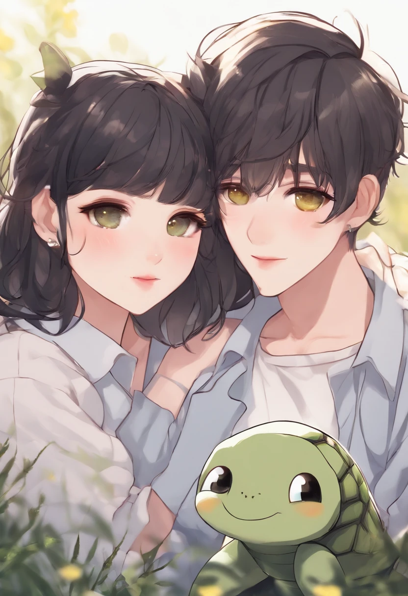Couple cute girl should have cat ears, boy emo blushing with a turtle shirt, cute couple daily cartoon style, girl with white long white, girl with cute lavanda eyes with no pupils, blushing, boy with black hair and yellow cold eyes, master piece, nice shading