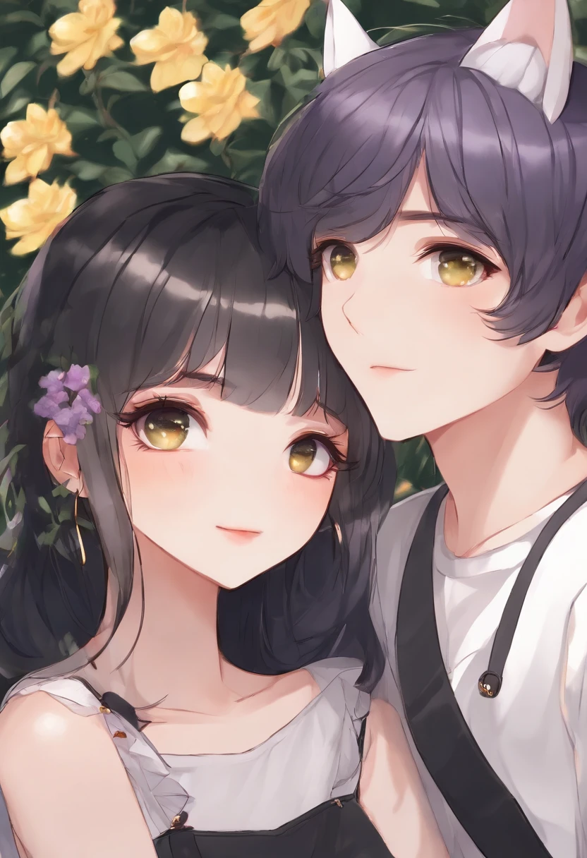 Couple cute girl should have cat ears, boy emo blushing with a turtle shirt, cute couple daily cartoon style, girl with white long white, girl with cute lavanda eyes with no pupils, blushing, boy with black hair and yellow cold eyes, master piece, nice shading