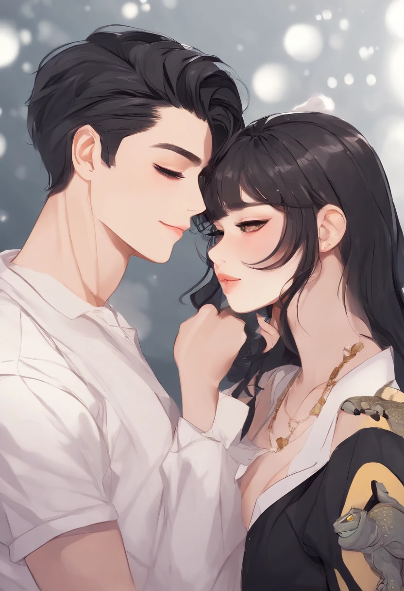 Couple cute girl should have cat ears, boy emo blushing with a turtle shirt, cute couple daily cartoon style, girl with white long white, girl with cute lavanda eyes with no pupils, blushing, boy with black hair and yellow cold eyes, master piece, nice shading