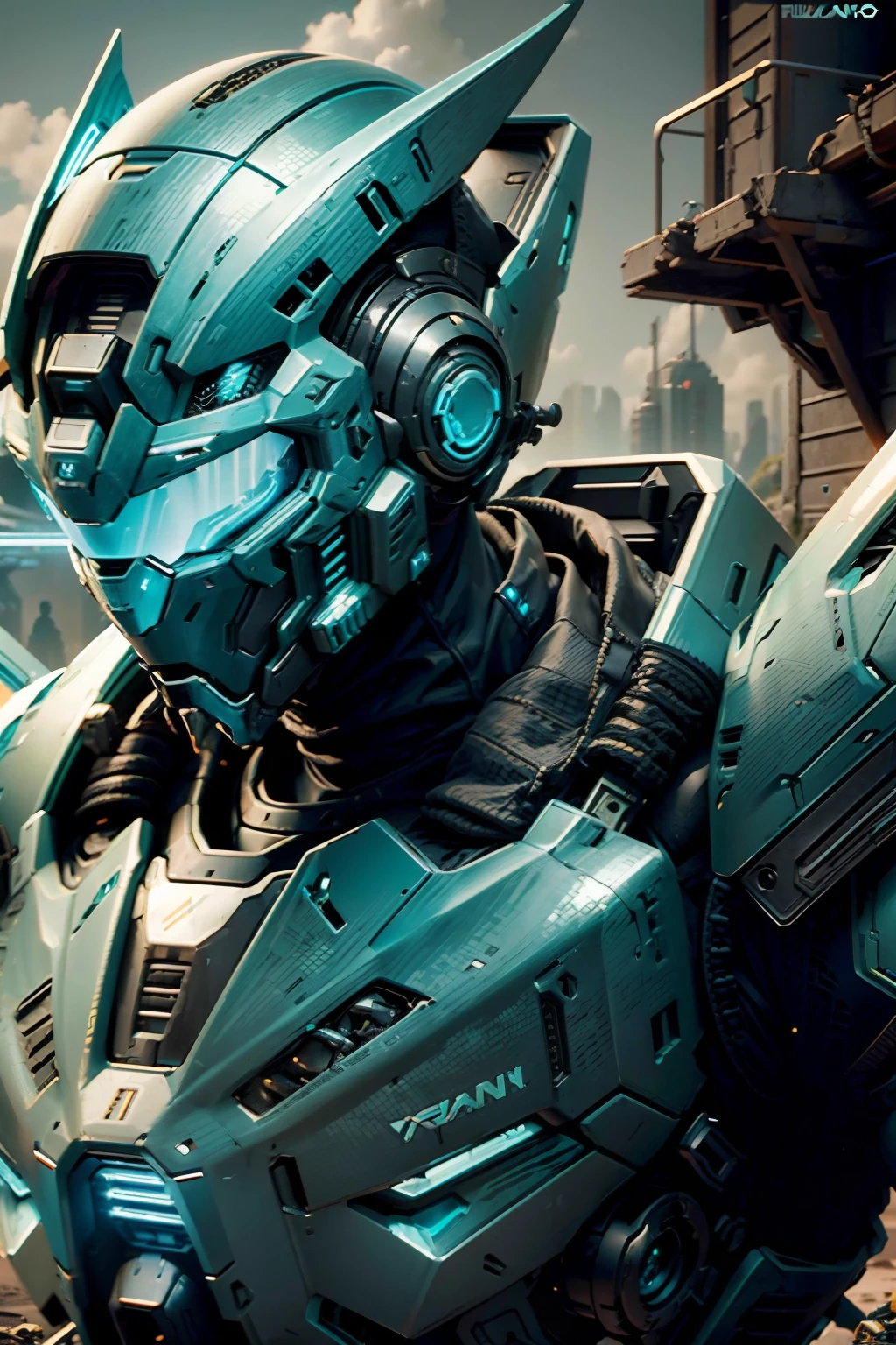 (Futuristic:1.4), Unidade de Busca e Salvamento,1 androide masculino, armadura negra, Searching in ruins with scanning devices, ((black futuristic armor AND tech helmet with cyberpunk visor)), ((PLANETA cyan no fundo)) , UHD, master part
