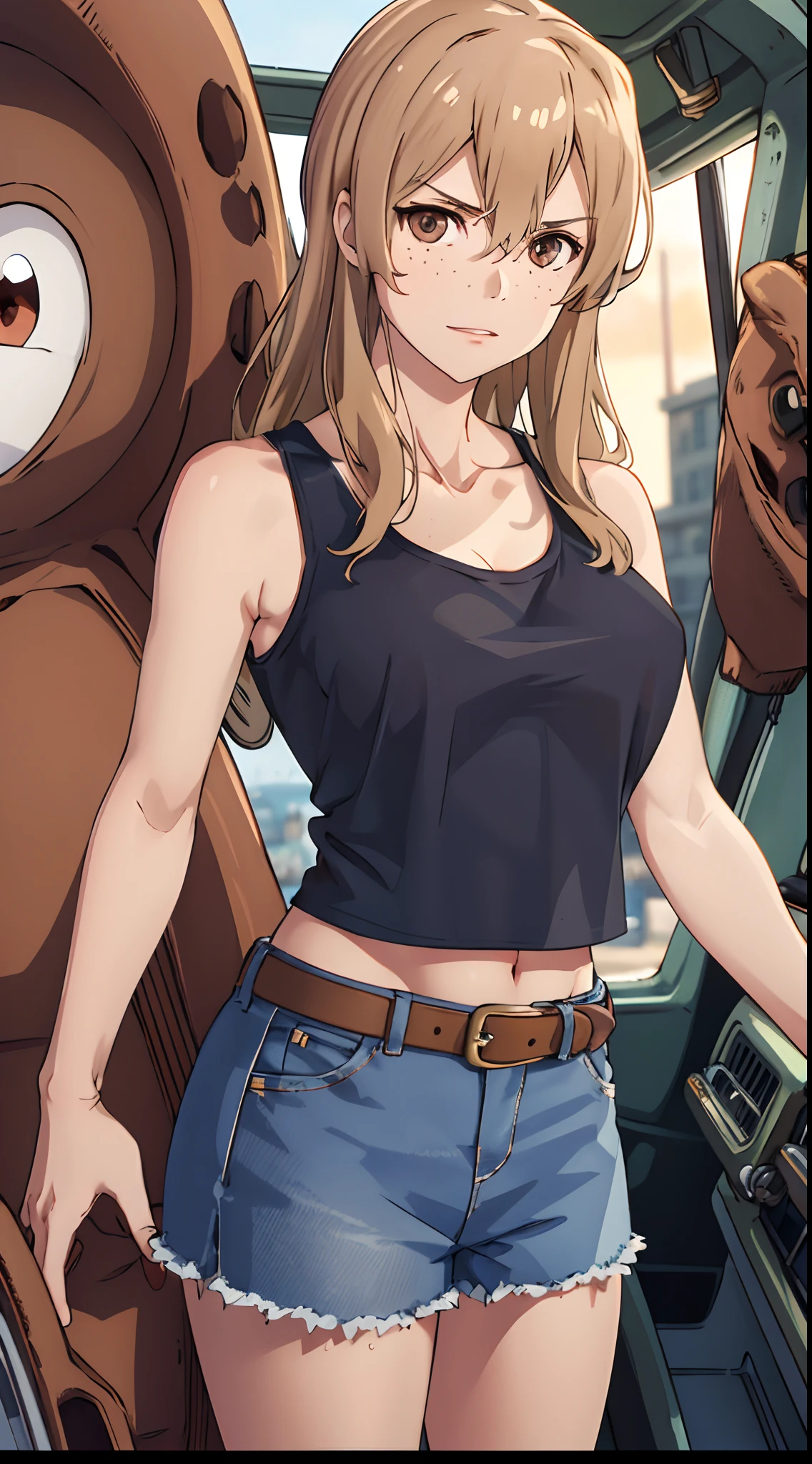 masterpiece, best quality, highres, aoki1, brown eyes, freckles, cropped tank top, cowboy shot.