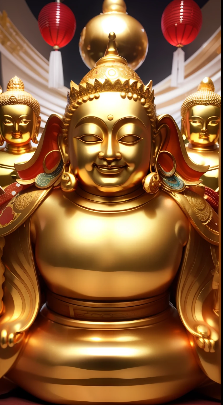 masutepiece, Best Quality, hight resolution,Fantastic,Upper body Full body,1 old god men,Seven lucky gods,benzaiten,daikokuten,Buddhist statue sculpture, Bald, Smile, shining background,Halo,golden colors,Golden kimono,Japanese dress,Clothes,sacredness,Smiling face