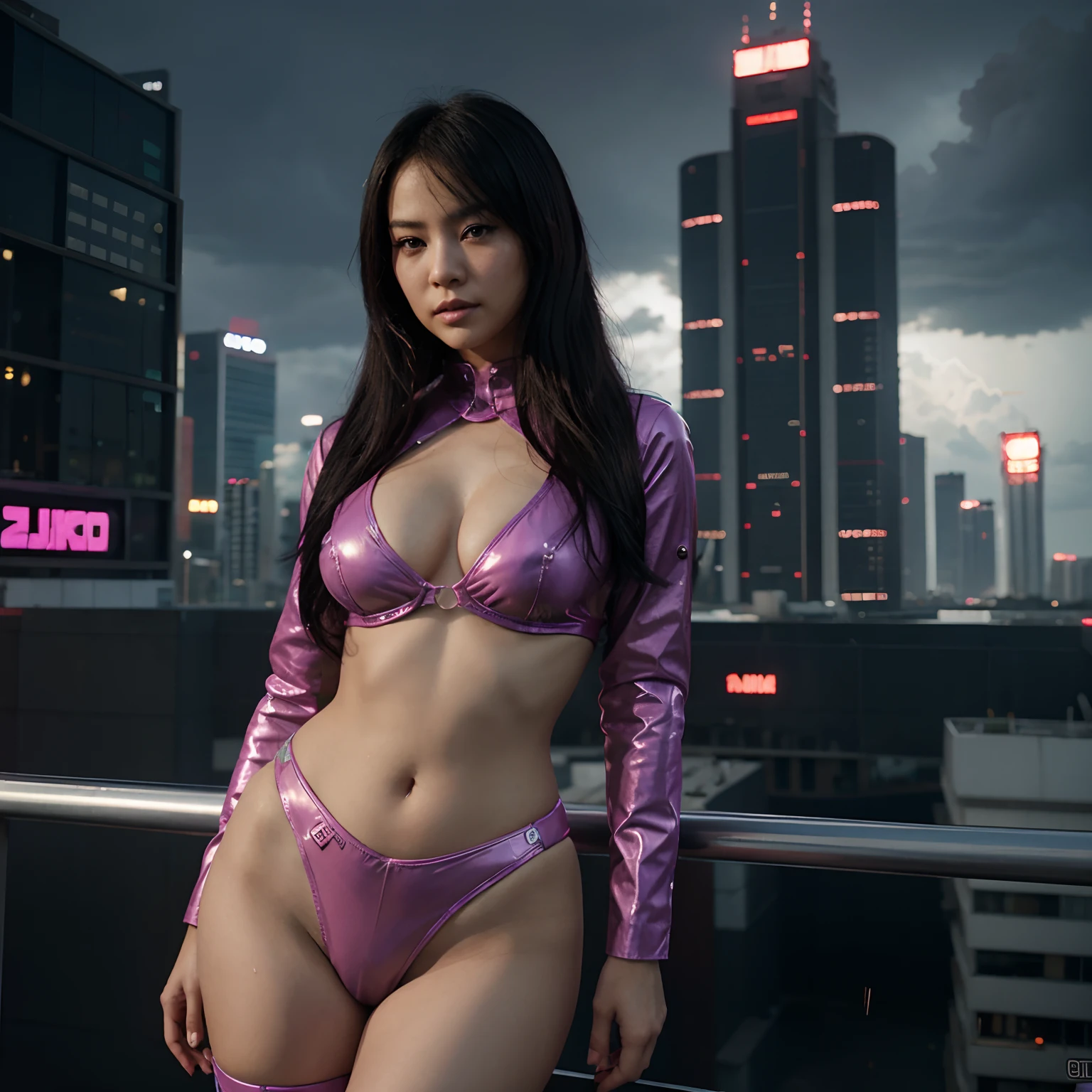 Asian woman 23 years old, Curvaceous Body, Cabello largo negro, semi-desnuda, Cara hermosa, mirada tierna, roguish smirk, traje robotico semi-transparente, estilo cyberpunk, Katana de luz fucsia, Under Thunderstorm, saltando entre edificios, ciudad de Neo Tokio 2077, ..3D, 4K High Definition Resolution, Motor Unreal 5.0