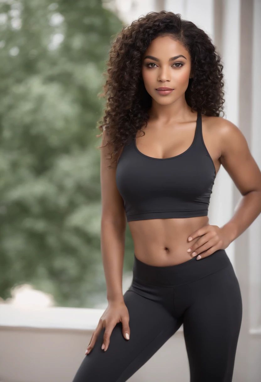 Attractive sexy african american woman 20 years old black curly hair to waist, Big ass, tight yoga pants, Beautiful sexy long legs, thick thighs (photo-realistic: 1,5) (tmasterpiece: 1,5) (best qualityer: 1,5) (color corrected) (Detail Skins: 2,5) (8K)fully body photo