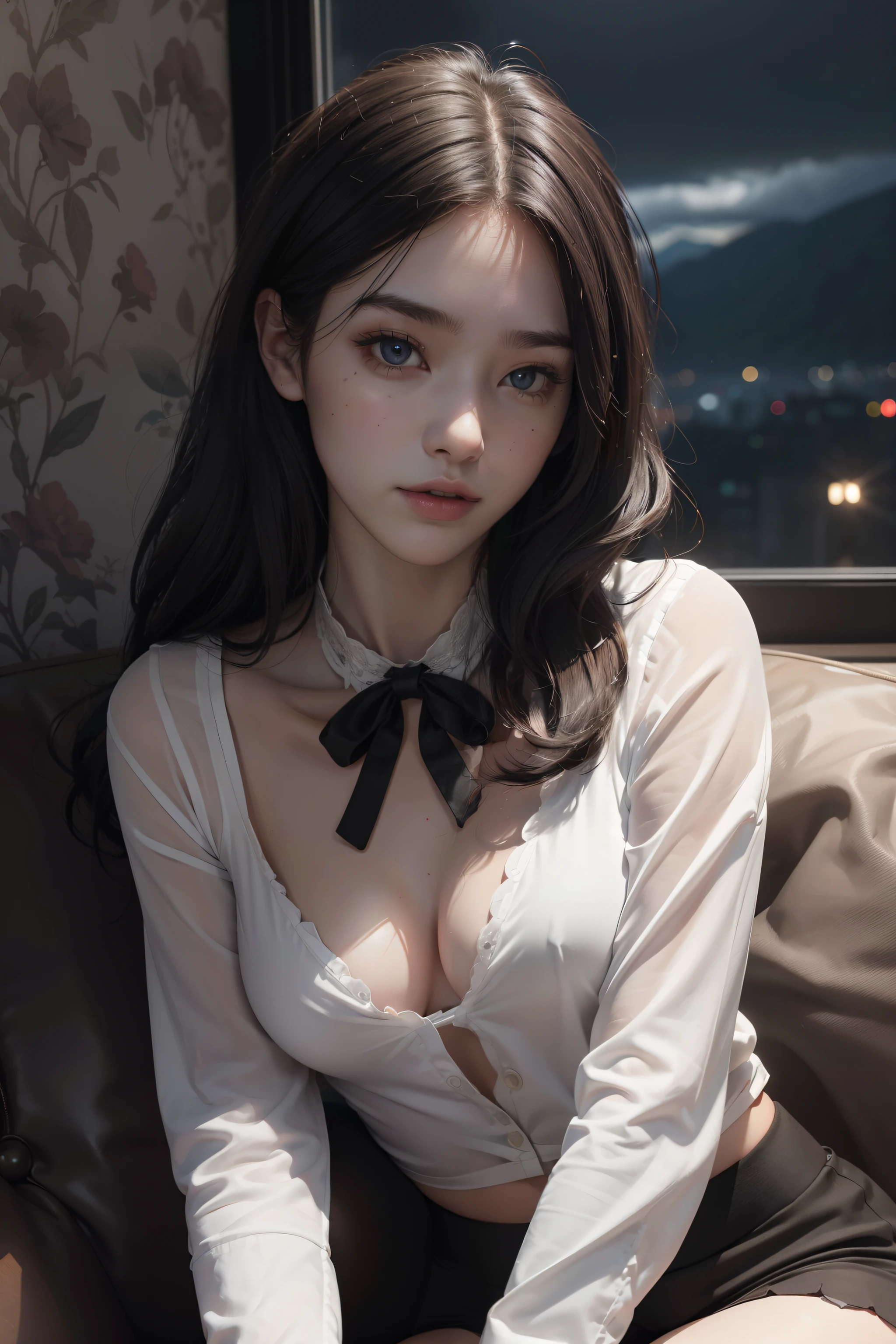 (Hyper-realistic), (Illustration), (High resolution), (8K), (Extremely detailed), (Best Illustration), Yol ( chain saw man ), (Beautiful detailed eyes), (Best Quality), (Ultra-detailed), (masutepiece), (Wallpaper), (Detailed face), Solo, Upper body, Focus on Face, 1 girl, Long Black Hair, Korean, Thin eyeshadow, A detailed eye, Brown eyes, Small moles under the eyes, very slender legs,Wear a long-sleeved shirt, Neckbow,  Small breasts,Black knee socks, Dynamic Pose, low illuminance, Night, Dark, Clouds, a dark night,sit on sofa,Happy,White panty,White bra,