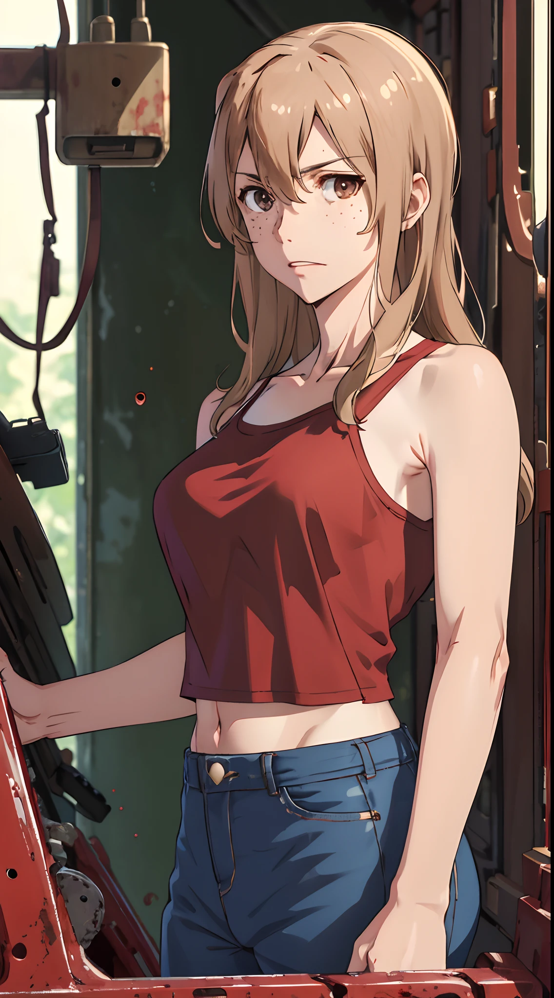 (masterpiece), best quality, highres, aoki1, brown eyes, freckles, cropped tank top, cowboy shot, blood on face, merciless, bloody.