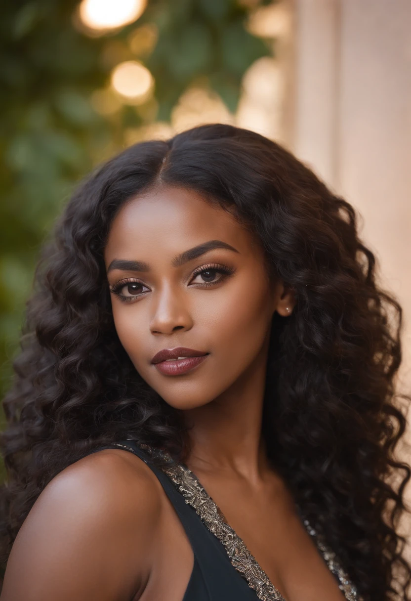 (Best quality,Ultra-detailed),A black girl with a sexy low-cut and bodycon outfit, looking at the camera, with long curly hair,porter des talons hauts,posant avec confiance, in a vibrant and colorful background, with dramatic lighting and soft shadows.