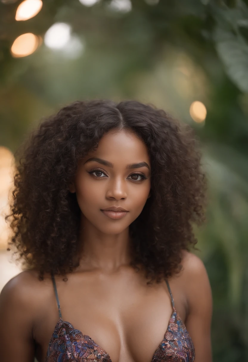 (Best quality,Ultra-detailed),A black girl with a sexy low-cut and bodycon outfit, looking at the camera, with long curly hair,porter des talons hauts,posant avec confiance, in a vibrant and colorful background, with dramatic lighting and soft shadows.