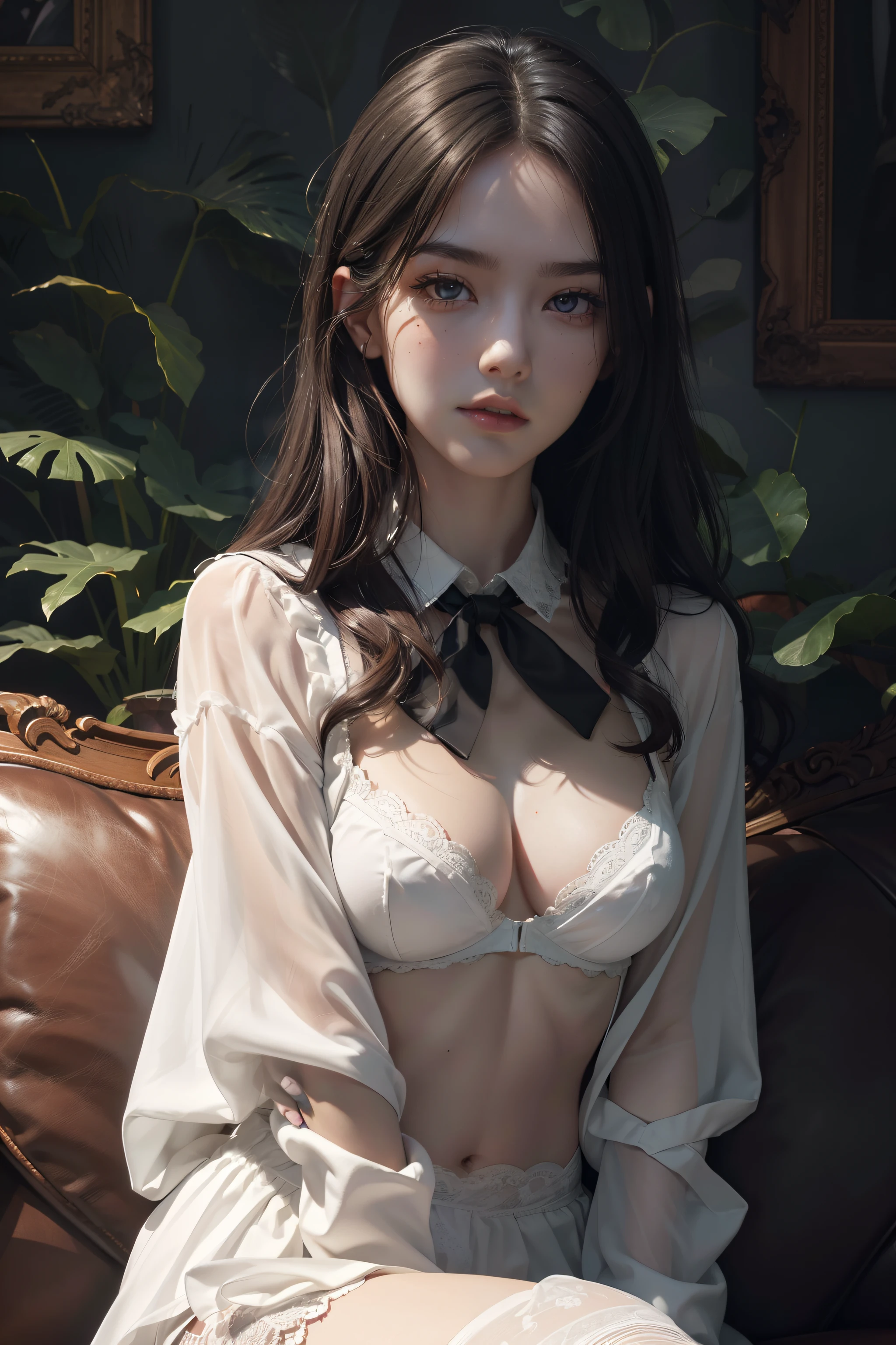 (Hyper-realistic), (Illustration), (High resolution), (8K), (Extremely detailed), (Best Illustration), Yol ( chain saw man ), (Beautiful detailed eyes), (Best Quality), (Ultra-detailed), (masutepiece), (Wallpaper), (Detailed face), Solo, Upper body, Focus on Face, 1 girl, Long Black Hair, Korean, Thin eyeshadow, A detailed eye, Brown eyes, Small moles under the eyes, very slender legs,Wear a long-sleeved shirt, Neckbow, Small breasts,Black knee socks, Dynamic Pose, low illuminance, Night, Dark, Clouds, a dark night,sit on sofa,Happy,White panty,White bra,