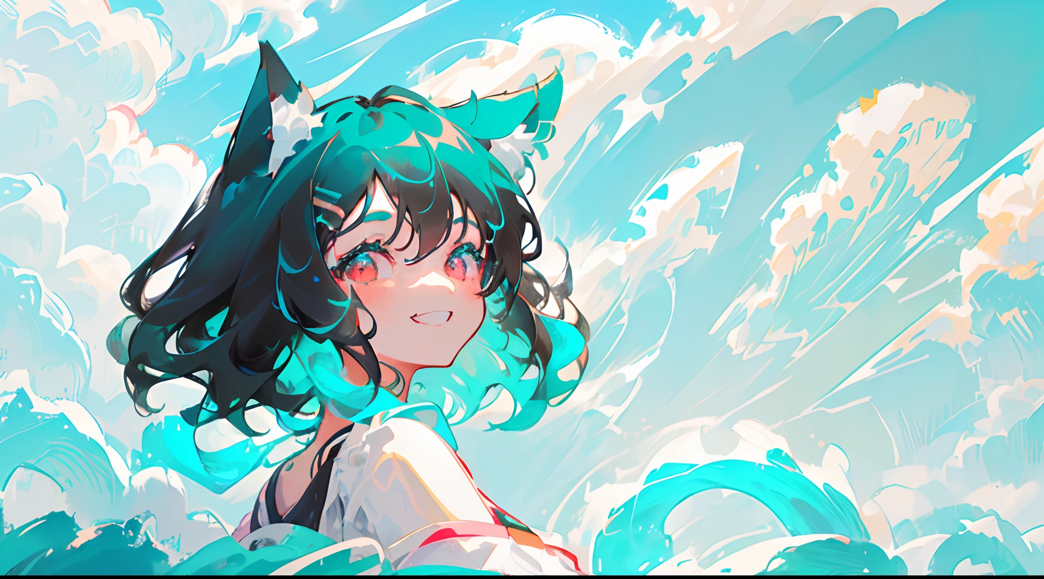 ((close-up side profile of solo catgirl, nekomimi)), ((short black hair in a fluffy wavy bob-cut with turquoise highlights)), (bangs with turquoise highlights), big smile, big grin, side glance, masterpiece, red eyes, chaotic background, (one-side off-shoulder shirt), head tilt, vivid colors, extra long sleeves, extremely happy, (looking back)