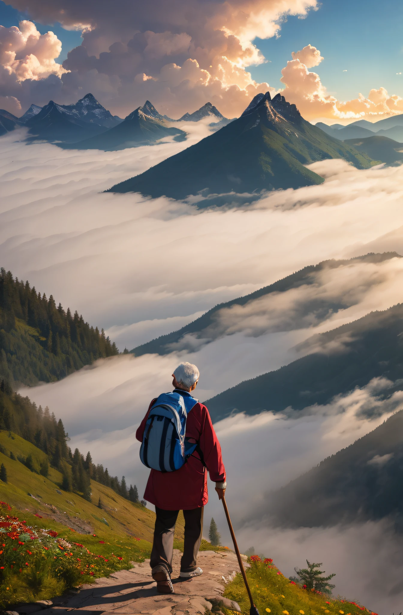 ((masterpiece)), ((best quality)), 8k, high detailed, ultra-detailed, ; An elderly person climbing a mountain with a walking stick, surrounded by mist and clouds. The sun shining through the mist, creating a beautiful and mystical atmosphere. A clear and pristine sky above, filled with fluffy white clouds. From the mountaintop, the elderly person gazes into the distance, taking in the breathtaking view. The scene includes elements of the Double Ninth Festival, with vibrant red chrysanthemums blooming in the foreground. An elderly person climbing a mountain, surrounded by mist and clouds, with the sun shining through. The sky above is clear, with fluffy clouds floating by. The elderly person stands on the mountaintop, looking into the distance. The scene also includes vibrant red chrysanthemums, symbolizing the Double Ninth Festival. mountain, mist, clouds, elderly person (climbing, with walking stick), sun (shining through mist), sky, mountaintop, view, Double Ninth Festival (chrysanthemums). --auto --s2
