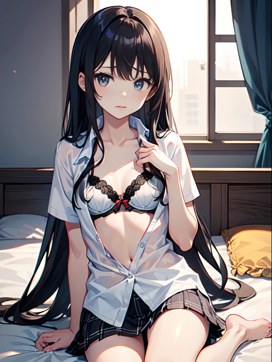 in 8K、top-quality、masterpiece、ultra-detailliert、Ultra-high resolution、((1 persons))、 girl、Black straight long hair、embarrassed from、Red face、flat chest、(white shirt、Unbutton、Bra visible)、Sit on the bed、Plaid miniskirt、mid night
