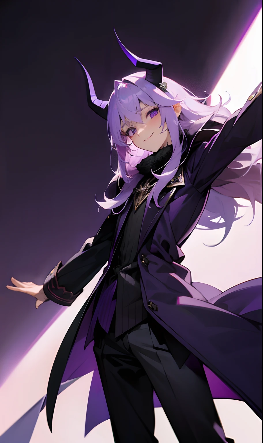 Long light purple haired boy with purple horns pointed up wearing a black outfit while standing with open arms and a smile on his face