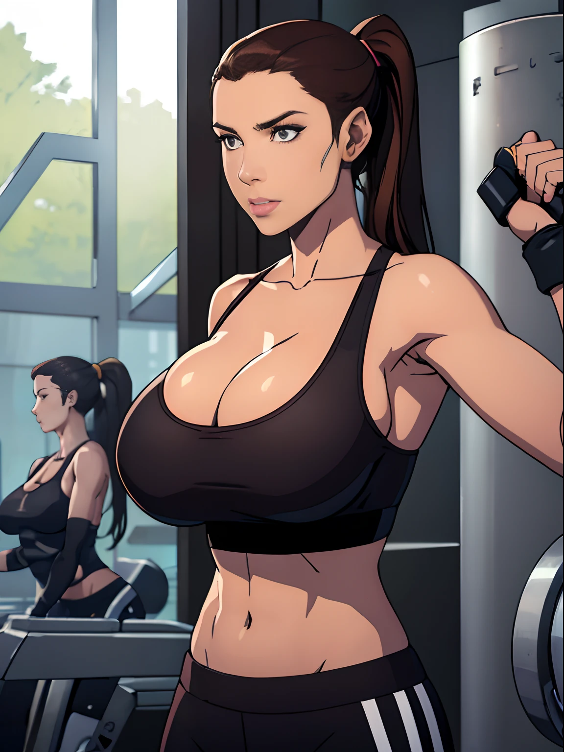 (masterpiece, top quality, best quality, official art, beautiful and aesthetic:1.2), (1girl:1.3), (gorgeous face), light freckles, fair skin, brown hair, extremely detailed, portrait, looking at viewer, solo, (full body:0.6), detailed background, close up, (airy modern theme:1.1), extremely busty gym girl, ponytail, big lips, arched back, charlatan, smirk, mysterious, standing in the gym, sports bra, leggings, headphones, wet, workout gear, weight machines, windows, modern gym, well-lit, thin and toned physique, ((((gigantic breasts, cleavage, skindentation)))), slim waist, slim hips, long legs, modern (gym interior:1.1) background, dark mysterious lighting, shadows, magical atmosphere, dutch angle,