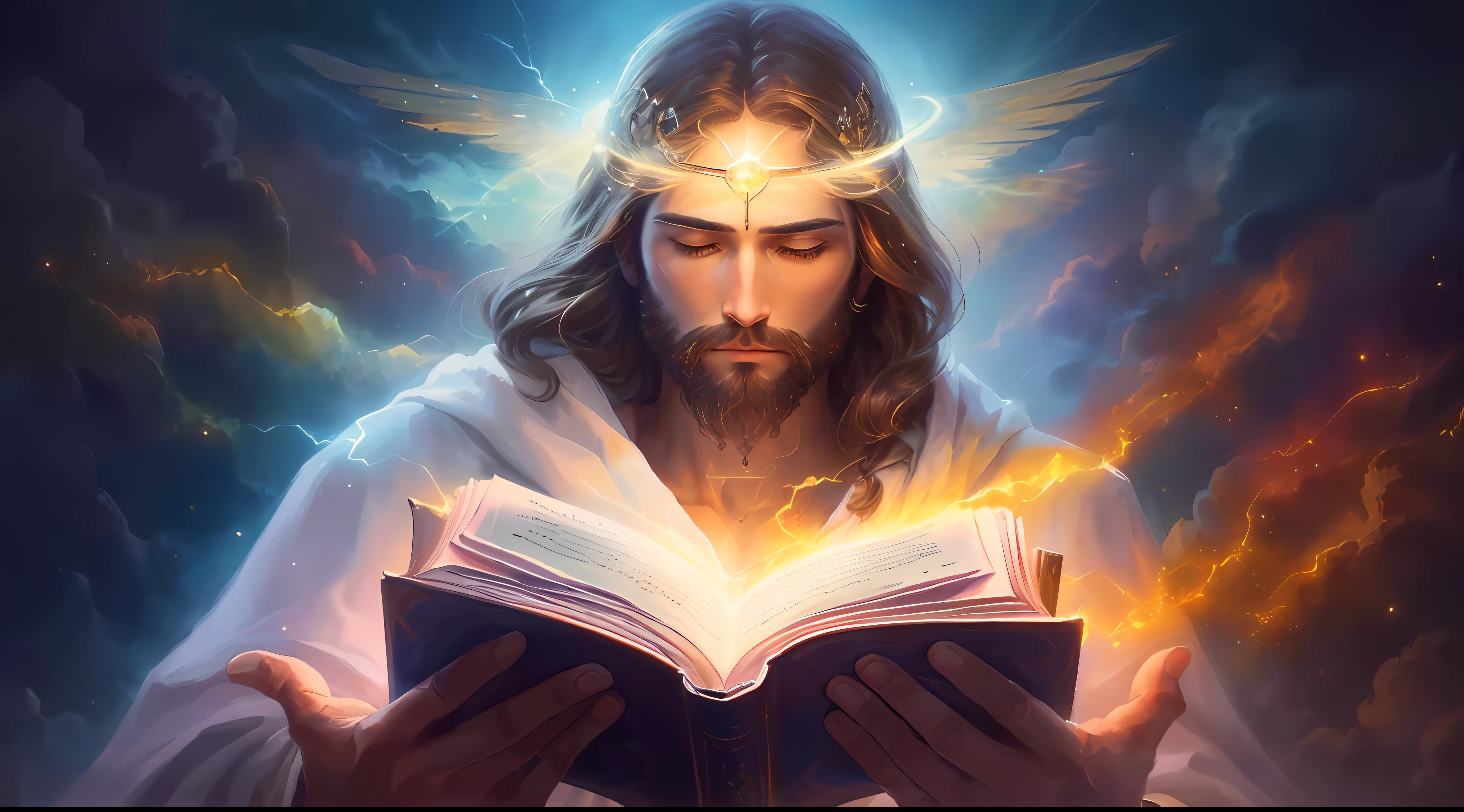 A painting of Jesus reading a book with a shining halo, bible illustration, holy fire spell art, O Senhor e Salvador, Jesus Cristo, imagens religiosas, sua mente contemplando a eternidade, holy flame spell, glowing halo above his head, beautiful depiction, imagens sagradas, arte conceitual de deus, Directed by: Aleksander Gierymski, artistic depiction, Raios de Luz Sagrada Sagrada