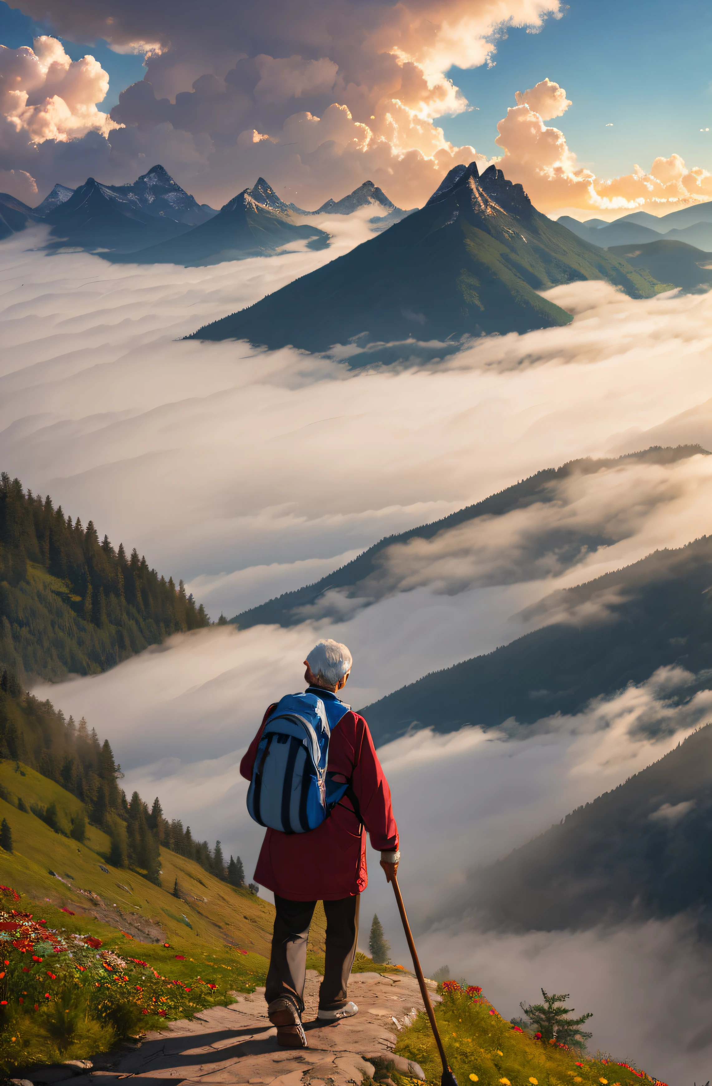 ((masterpiece)), ((best quality)), 8k, high detailed, ultra-detailed, ; An elderly person climbing a mountain with a walking stick, surrounded by mist and clouds. The sun shining through the mist, creating a beautiful and mystical atmosphere. A clear and pristine sky above, filled with fluffy white clouds. From the mountaintop, the elderly person gazes into the distance, taking in the breathtaking view. The scene includes elements of the Double Ninth Festival, with vibrant red chrysanthemums blooming in the foreground. An elderly person climbing a mountain, surrounded by mist and clouds, with the sun shining through. The sky above is clear, with fluffy clouds floating by. The elderly person stands on the mountaintop, looking into the distance. The scene also includes vibrant red chrysanthemums, symbolizing the Double Ninth Festival. mountain, mist, clouds, elderly person (climbing, with walking stick), sun (shining through mist), sky, mountaintop, view, Double Ninth Festival (chrysanthemums). --auto --s2