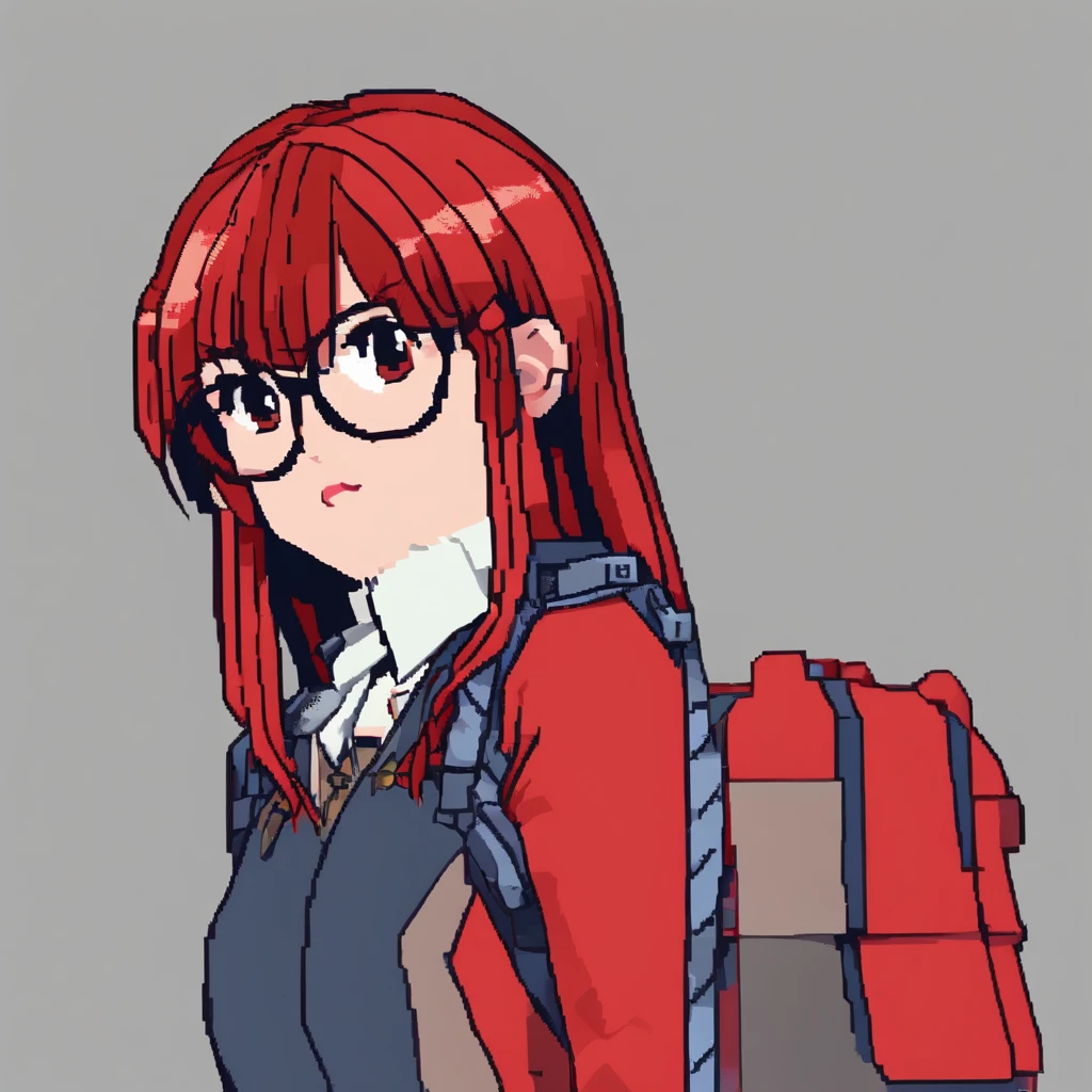 1girl,((red-framed)) (under-rim) glasses, 
red eyes,, (side swept bangs:1.8), asymmetrical bangs,red hair, [[[short]]] hair,simple background