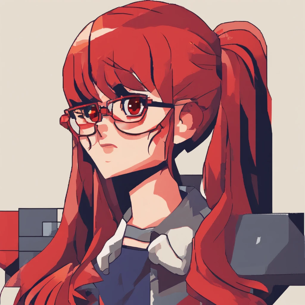 1girl,((red-framed)) (under-rim) glasses, 
red eyes,, (side swept bangs:1.8), asymmetrical bangs,red hair, [[[short]]] hair,simple background