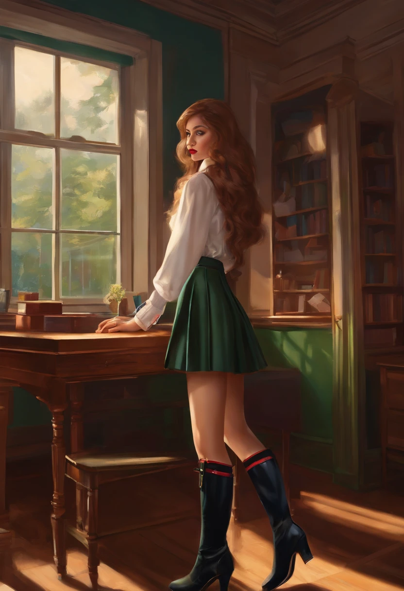 schoolgirls，boot，high heels boots，inside in room