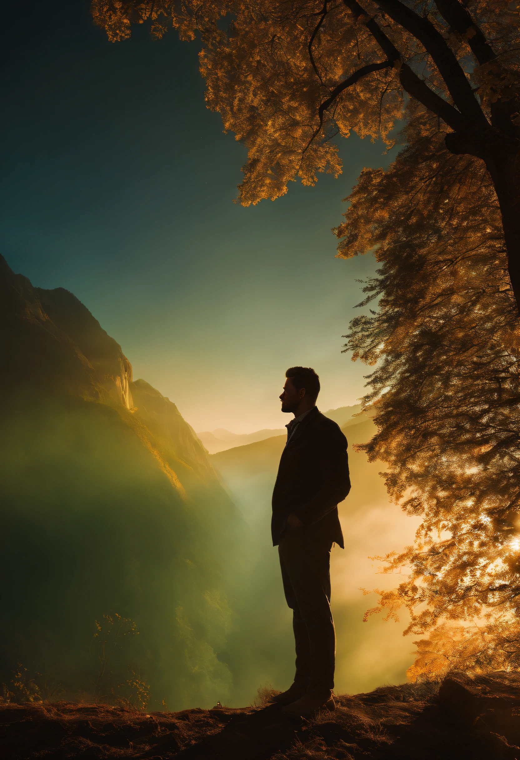 Create a compelling double exposure photograph that seamlessly combines the presence of a man and the wonders of nature. Capture the harmony between the human form and the natural world, using light and shadow to accentuate their connection and create a visually striking narrative.