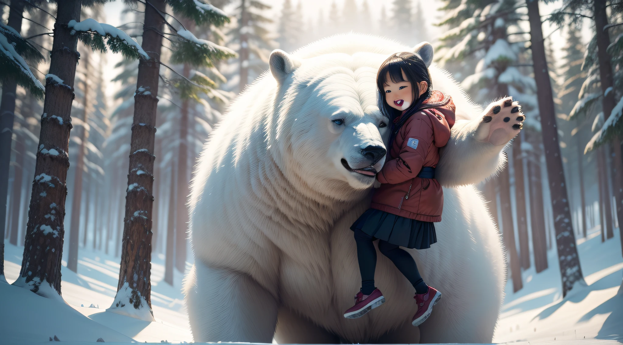 Highly dynamic scenes. A giant polar bear carries a small Japan girl of 4 years old on her back. The girl is very cheerful and、Smile big、Wave amiably. The girl is dressed in the clothes of the north of the country. Close-up of. Many details. Cartoonish Disney Pixar. Super realistic. Cinematic. Coniferous winter forest movement on blurred background. Light haze.