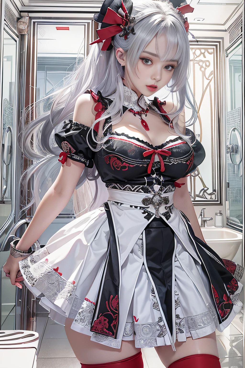 Photorealistic, High resolution, 1womanl, Solo, hips up high, view the viewer, (Detailed face), White hair, Long hair, Red Maid Outfit, Jewelry、）（cropped shoulders）、（((Raise the skirt to the chest))）、）（up skirt）（（Black lace panties visible））