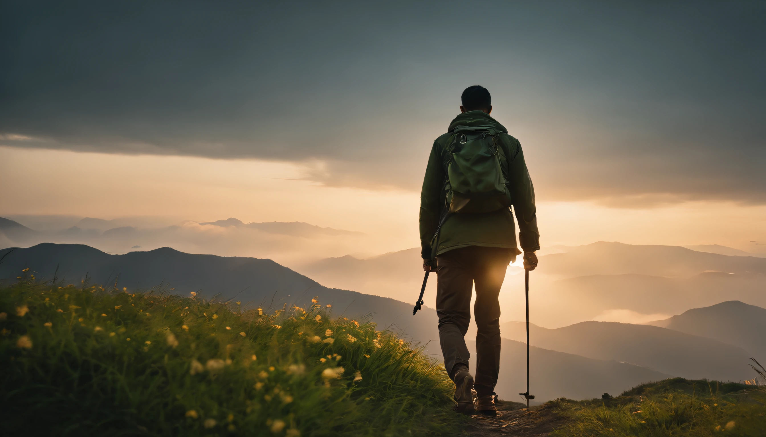 In the twilight sky、GREEN GRASS AND FLOWER, It depicts a figure on the way to the top of the mountain。He was number on his journey to the summit.々It can be seen that we have faced the difficulties of。That he is now、I'm holding my breath for a moment.、Never give up。A steep mountain road stretches out at his feet.、It reflects his hard work and hard work.。however、His face is full of determination and courage、Hope for the future is felt。