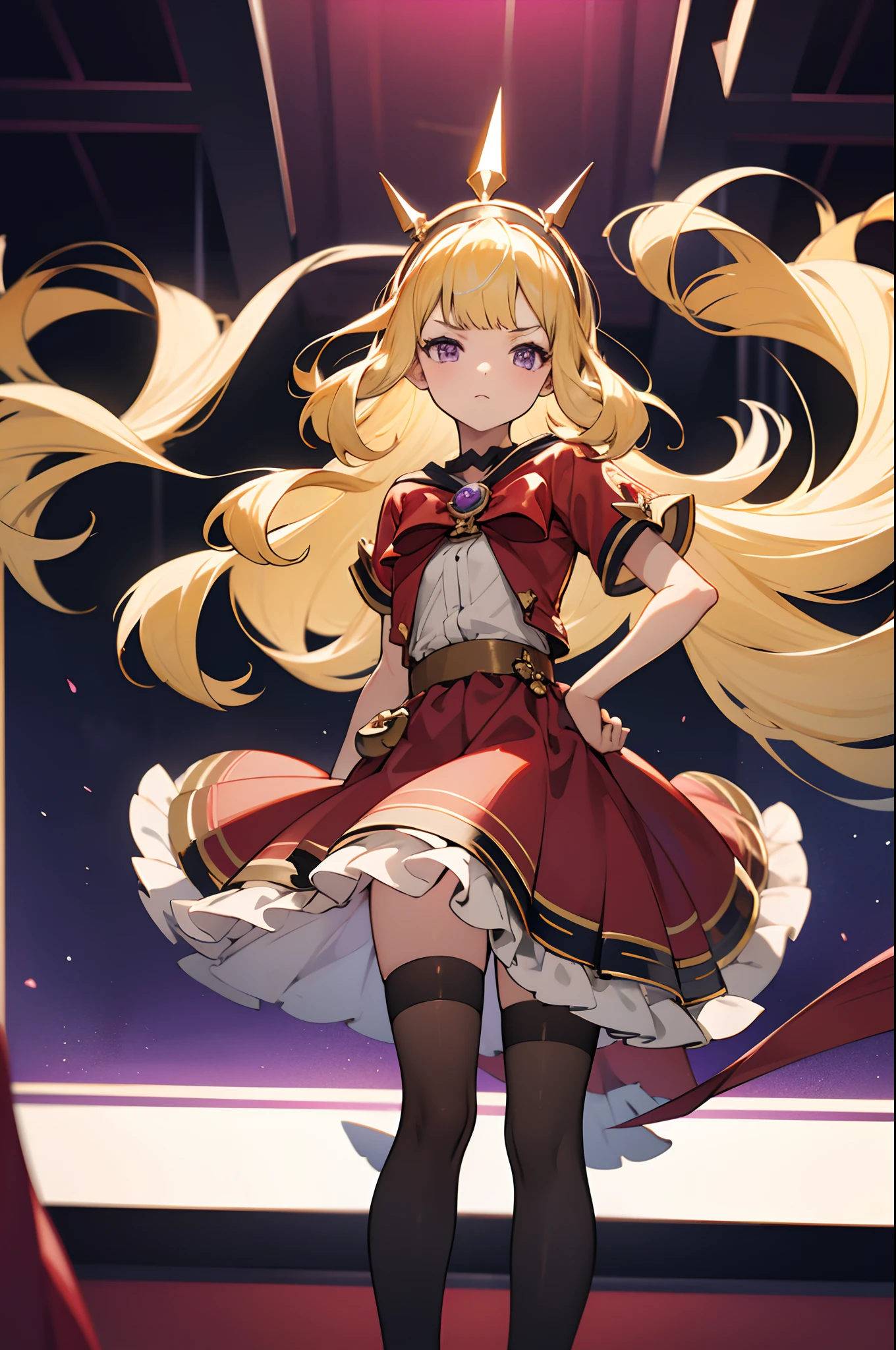 1girl, solo, blonde hair, purple eyes, Cagliostro, long hair, CagliostroBase, hairband, crown, black thighhighs, red bow, red skirt, cape, serious, neutral, hand on hips, upper body, looking at viewer, indoors, straight up shot, dark room, dungeon, scenery, black lights white lights, masterpiece, illustration, 8k, best quality