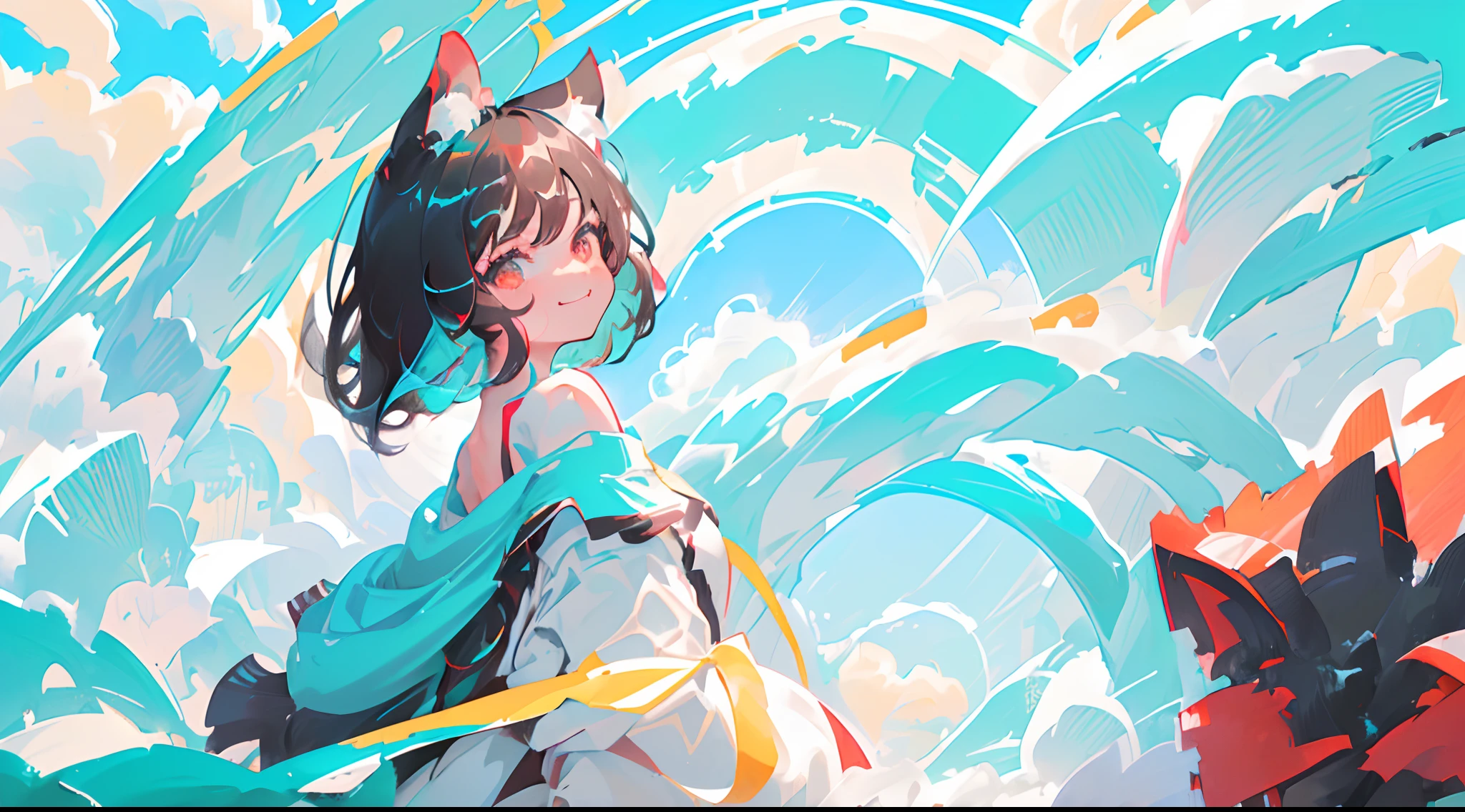 ((close-up side profile of solo catgirl, nekomimi)), ((short black hair in a fluffy wavy bob-cut with turquoise highlights)), (bangs with turquoise highlights), big smile, big grin, side glance, masterpiece, red eyes, chaotic background, (one-side off-shoulder shirt), head tilt, vivid colors, extra long sleeves, extremely happy, (looking back), windy