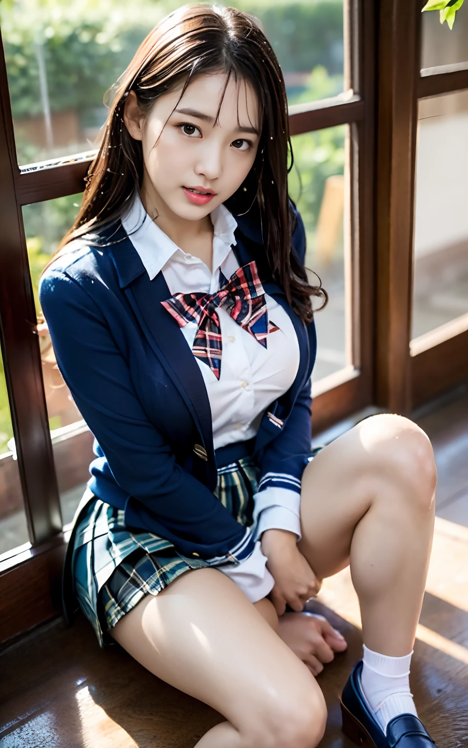 extremely detailed CG Unity 8k wallpapers、Top Quality、extremely highly detailed、masterpiece、realisitic、Photo real、very detailed cute girl、18 years-old、School girl sitting cross-legged on the floor、sophisticated gravure idol、young gravure idol、young pretty gravure idol、realistic young gravure idol, young sensual gravure idol、young skinny gravure idol、(High school student in Japanese school uniform)、(skirtlift)、(Lifting by yourself)、Low angle、Red blush、Reddened lips、looking looking at viewer、semi-body shot、(Large crowds)、(Crowded school shoe racks)、(Japanese high school uniforms and designated shoes)、(dark blue blazer:1.2)、(plaid skirt:1.5)、(White shirt for students)、 (Long Tai:1.2)、(Light brown random hair)、(white pantie)、(Carmel Two)、(Black loafers:1.5)、(beautifull face:1.3)、(perfectly proportions:1.2)、(Long paws:1.2)、(tiny boobs:1.3)、(The panties can be seen under the skirt)、(textured skin)、(Japanese high school uniform soaked in rain)、A face that looks like it is about to cry、((Wet hair、Wet skin))、appearance々each、(Wet white panties)、sexy facial expression、Dark blue cardigan、Evening sunlight、selfee