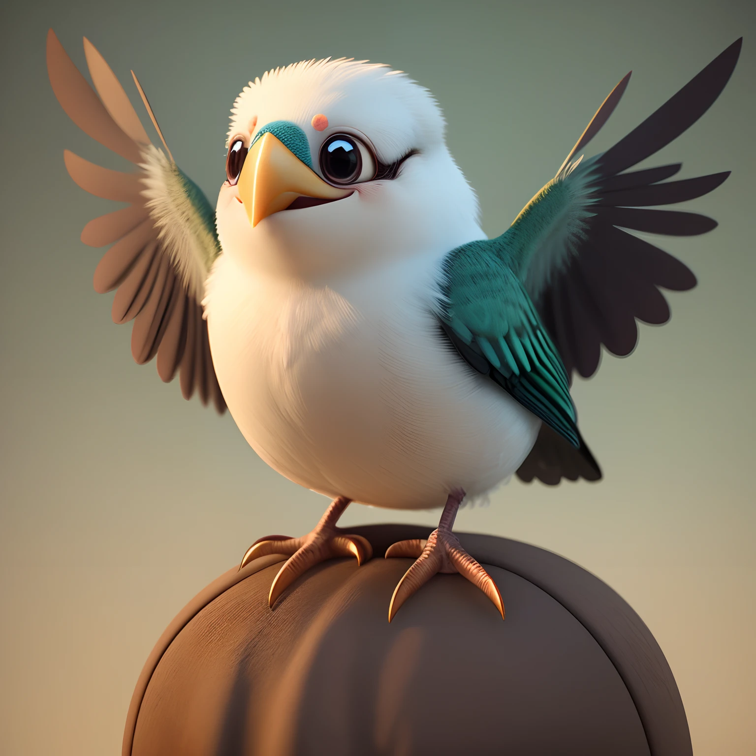 a little cute bird monster smiling, 3d, realistic, looking at camera