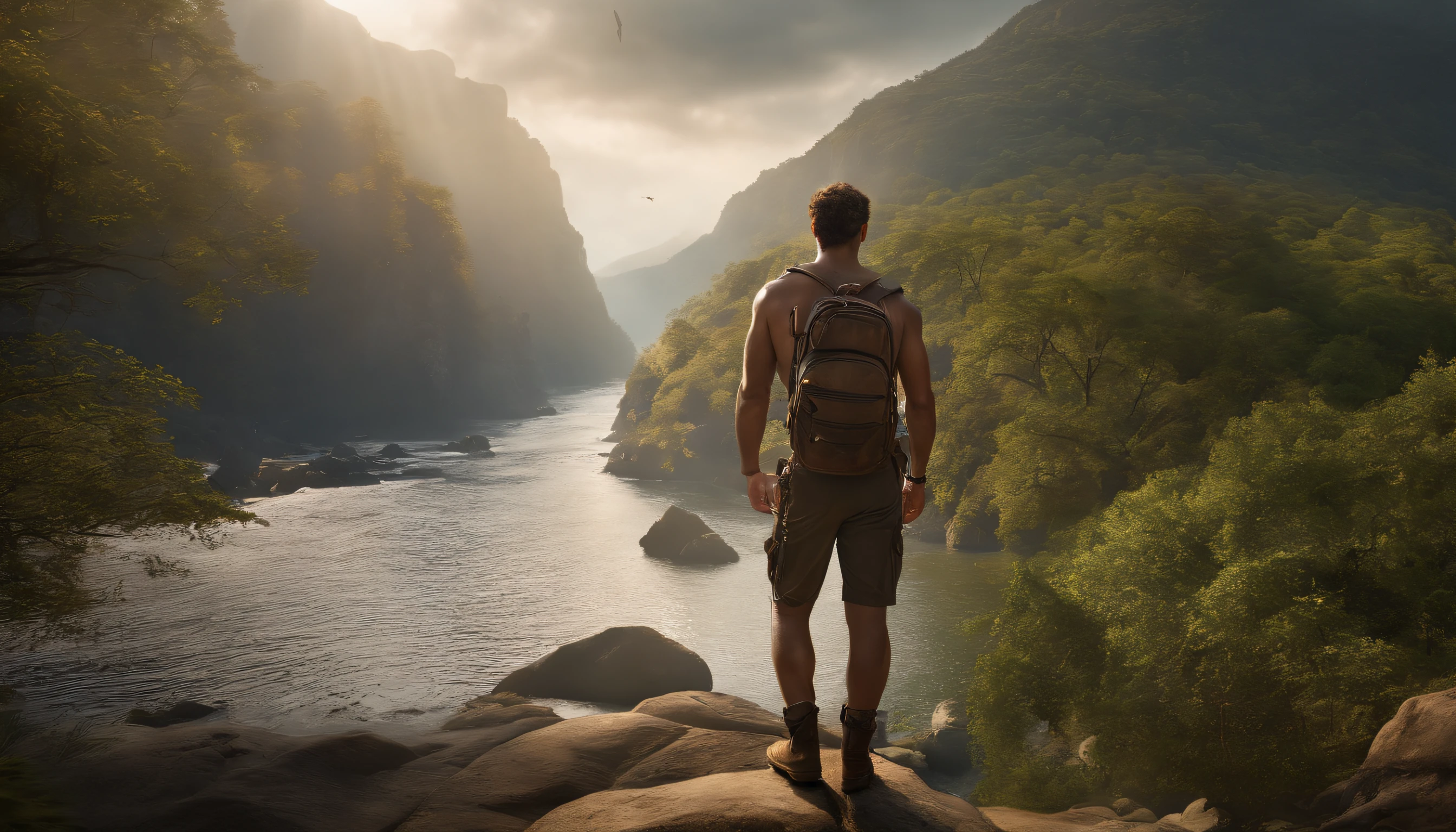 (8k, RAW photo, best quality, masterpiece: 1.2), (realistic, photorealistic: 1.37), a white man, muscular with some tattoos and scarring, carrying a backpack with several intens hanging from this muchila, the man has an adventurous style, curly brown hair, green eyes, extremely comfortable boots, he finds himself in a lost civilization, dark but at the same time full of much sunshine, Waterfalls, a lot of light in the water, in the leaves, complete detailing of vegetation and some butterflies with vibrant colors, a lot of brightness, professional lighting, photon mapping, radiosity, sky with few clouds, a lush landscape, this man is almost in profile, with one of his arms raised with his hand closed, indicating satisfaction and overcoming