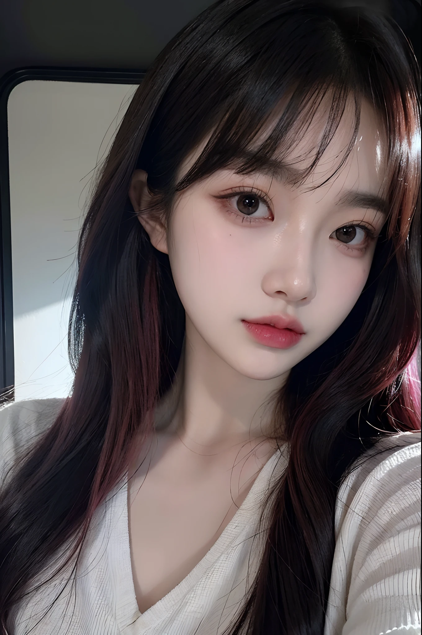 masterpiece, best quality, (dark photo:1.3), photorealistic, 1girl, flat bangs, stunning innocent symmetry face, shirt, emotional, ulzzang, (PureErosFace_V1:0.7),pink hair,