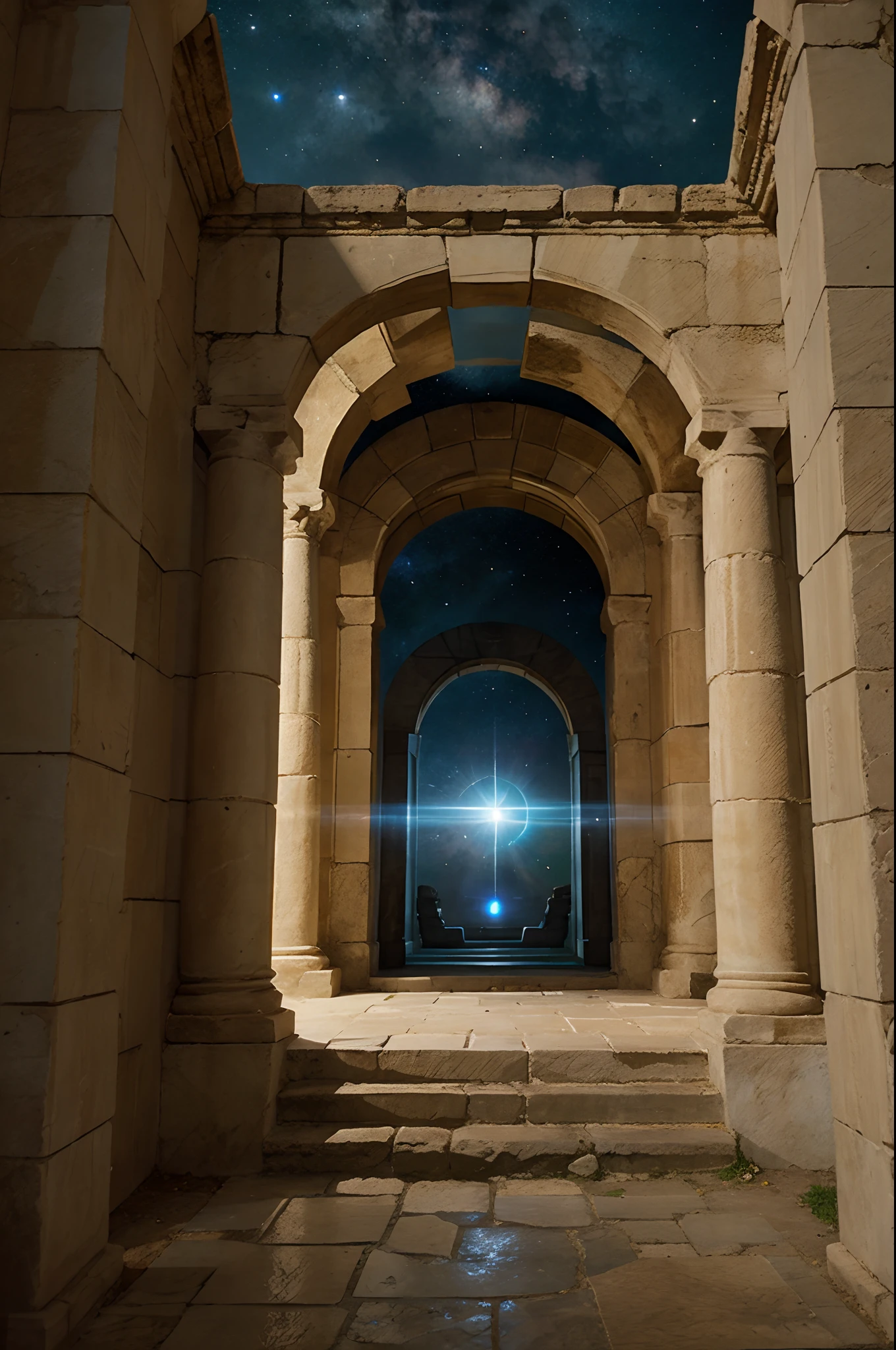 Utopian Greek temple with space with a stone corridor, A goddess statue at the end of the hallway and galaxies in the background