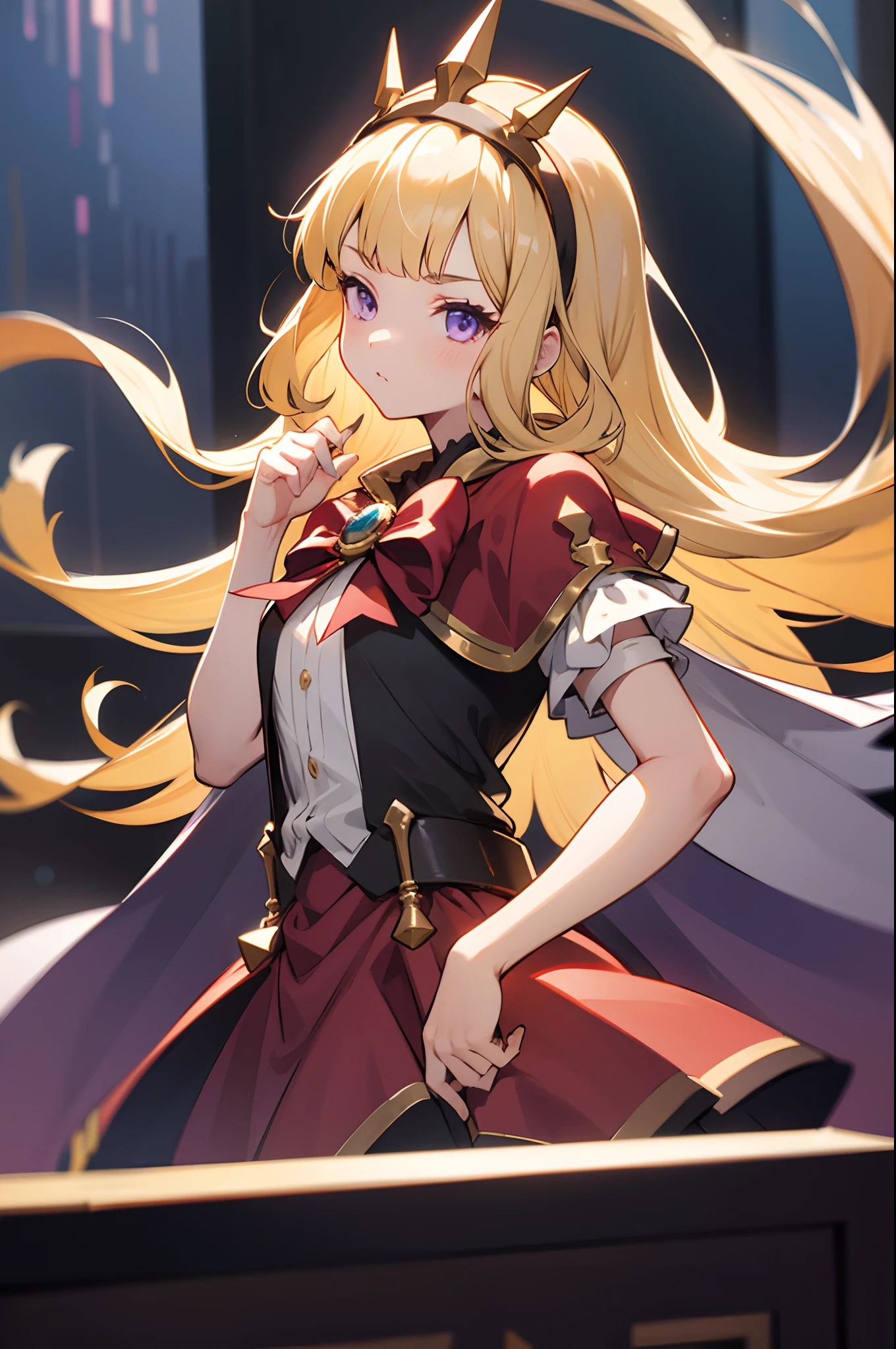 1girl, solo, close-up shot, blonde hair, purple eyes, Cagliostro, long hair, CagliostroBase, hairband, crown, black thighhighs, red bow, red skirt, cape, serious, neutral, hand on hips, upper body, looking at viewer, indoors, straight up shot, dark room, dungeon, scenery, black lights white lights, masterpiece, illustration, 8k, best quality