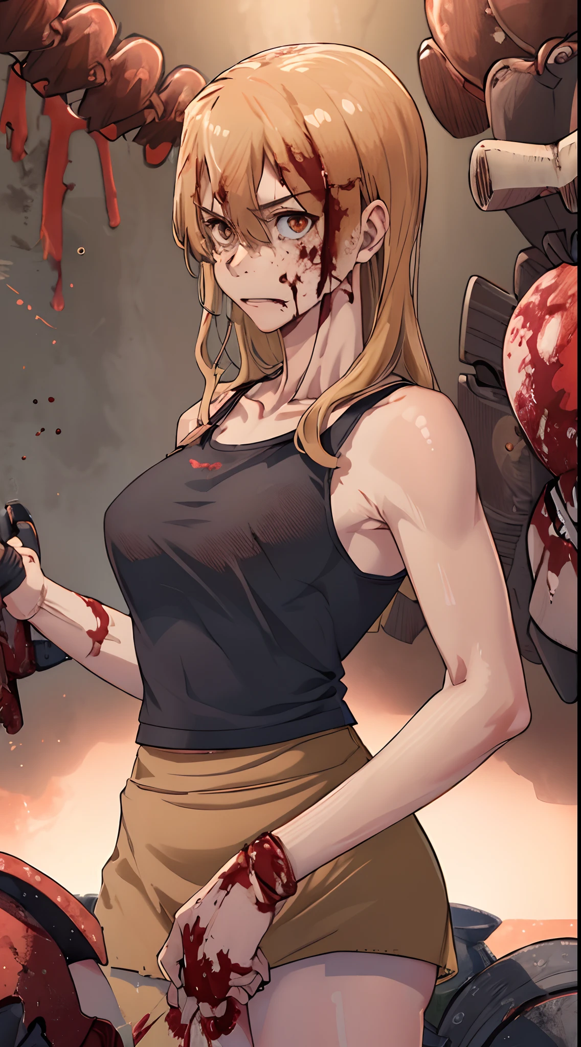 (masterpiece), best quality, highres, aoki1, brown eyes, freckles, cropped tank top, cowboy shot, (((blood on face, merciless, bloody, sadistic,
savage))) .