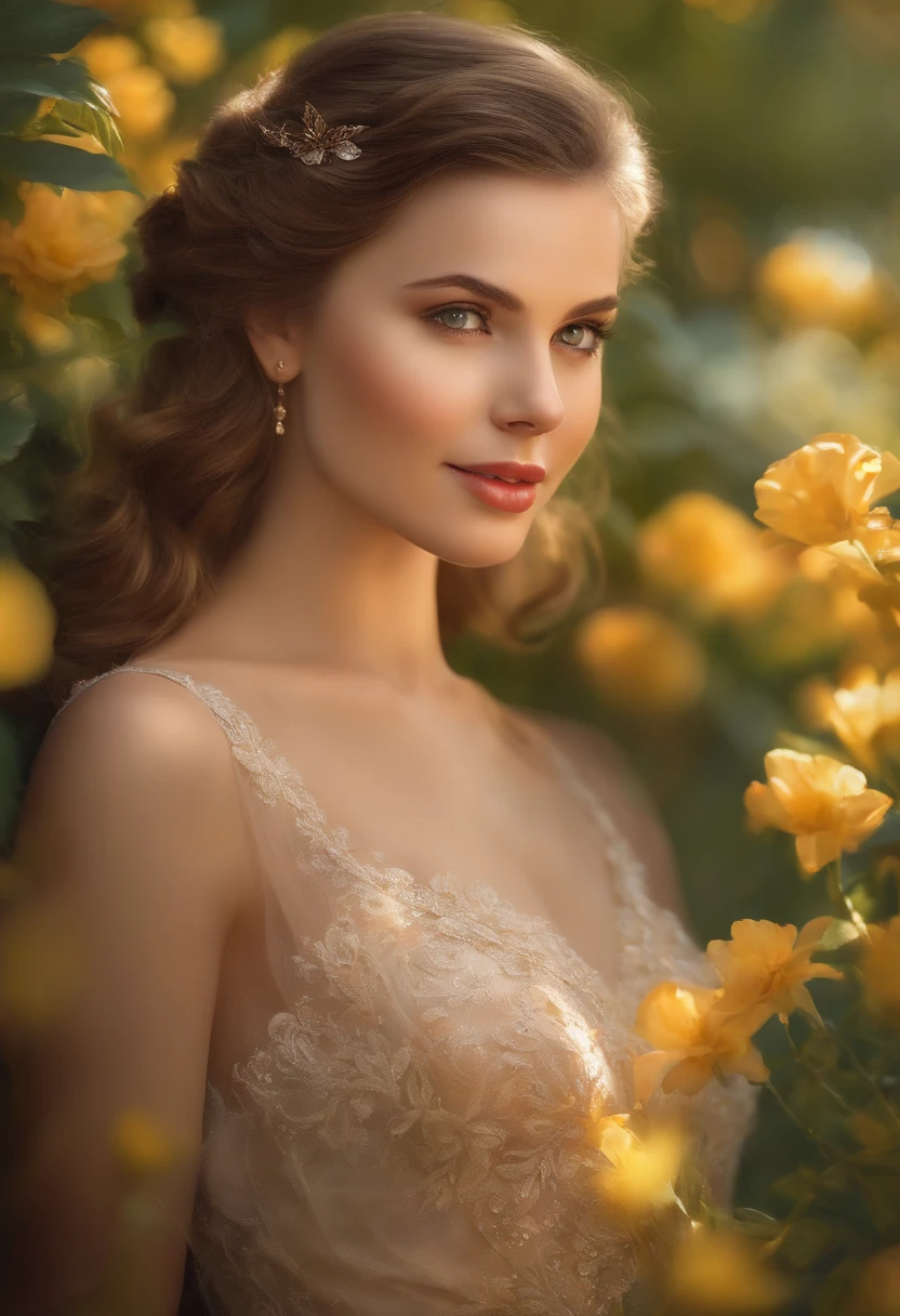 A beautiful girl with mesmerizing eyes, luscious lips, and an extremely detailed face, dressed in a vibrant, flowing gown, stands gracefully in a picturesque garden. The garden is filled with colorful flowers, towering trees, and a gentle breeze that caresses the girl's hair. The sunlight filters through the leaves, casting a warm, golden glow on the scene. The girl's eyes sparkle with a hint of mischief and joy, while her lips form a gentle smile. The scene is captured in the style of a stunning oil painting, with every brushstroke adding depth and texture to the exquisite details. The colors are vivid and vibrant, creating a sense of life and energy in the artwork. The lighting is soft and diffused, adding a touch of romance to the scene. The overall quality of the image is of the highest standards, with sharp focus and ultra-detailed rendering. It is a masterpiece that captures the beauty and serenity of a girl in a garden. (best quality, 4k, highres, masterpiece:1.2), ultra-detailed, realistic:1.37, portraits, vibrant colors, soft lighting