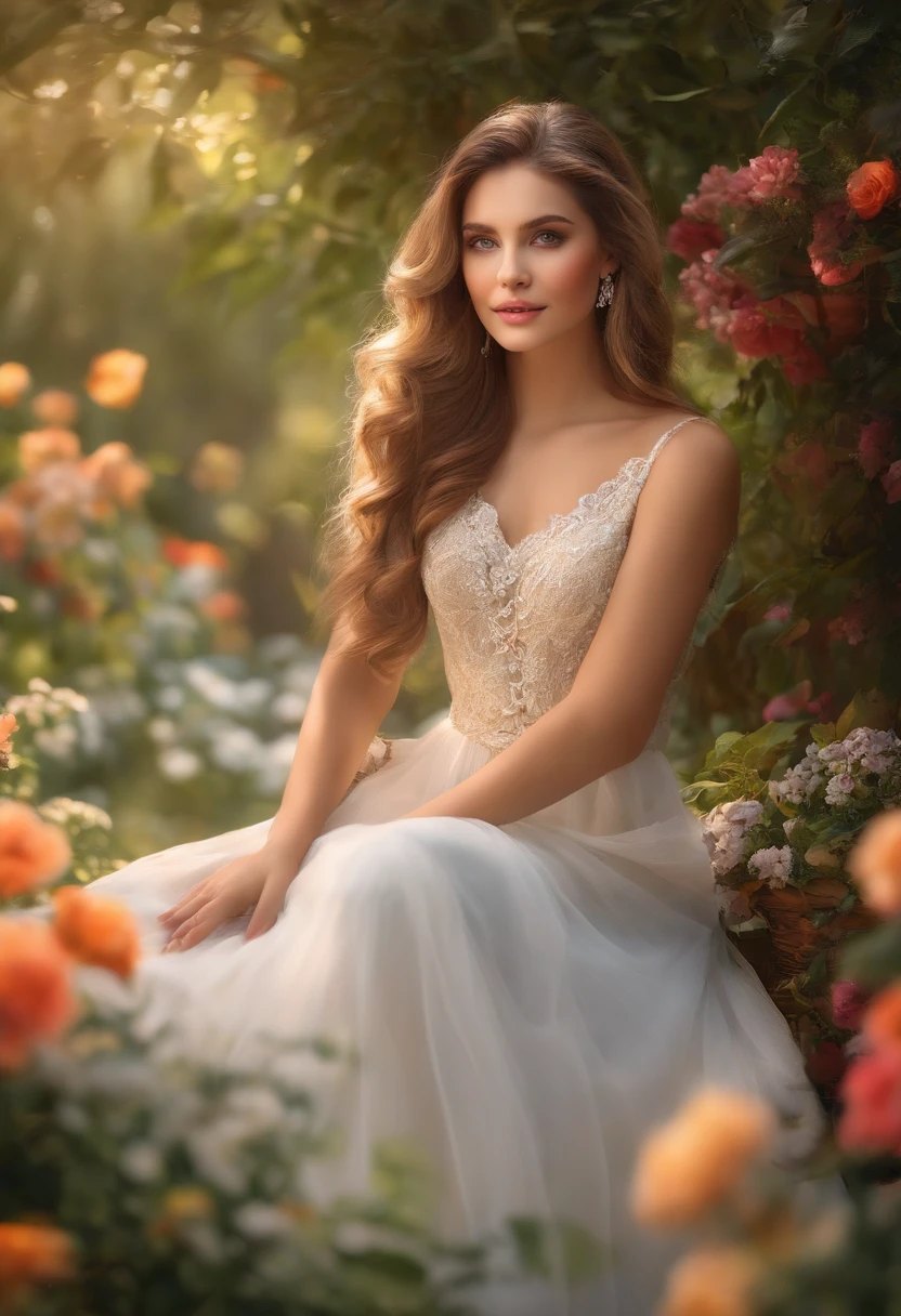A beautiful girl with mesmerizing eyes, luscious lips, and an extremely detailed face, dressed in a vibrant, flowing gown, stands gracefully in a picturesque garden. The garden is filled with colorful flowers, towering trees, and a gentle breeze that caresses the girl's hair. The sunlight filters through the leaves, casting a warm, golden glow on the scene. The girl's eyes sparkle with a hint of mischief and joy, while her lips form a gentle smile. The scene is captured in the style of a stunning oil painting, with every brushstroke adding depth and texture to the exquisite details. The colors are vivid and vibrant, creating a sense of life and energy in the artwork. The lighting is soft and diffused, adding a touch of romance to the scene. The overall quality of the image is of the highest standards, with sharp focus and ultra-detailed rendering. It is a masterpiece that captures the beauty and serenity of a girl in a garden. (best quality, 4k, highres, masterpiece:1.2), ultra-detailed, realistic:1.37, portraits, vibrant colors, soft lighting