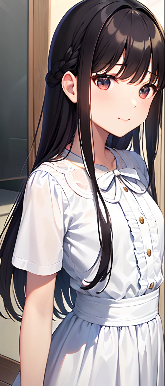 Best Quality,masutepiece,(All White Short Sleeve Ruffled Dress,White ribbon at waist at back...),(dark brown hair close to black),  pure、Upper body,(Straight hair:1.2)、Fair skin,french braids,Smile,Blunt bangs,　(Bangs Patsun)、耳Nipple Ring,　Shiny hair,　Left sideburns are longer than right sideburns,Front view of the body,、small tits、real  face、refinement、Reiko Kosugi、quality、Clothing that does not expose skin、(Straight hair:1.2)、modeled、kawaii、18year old、