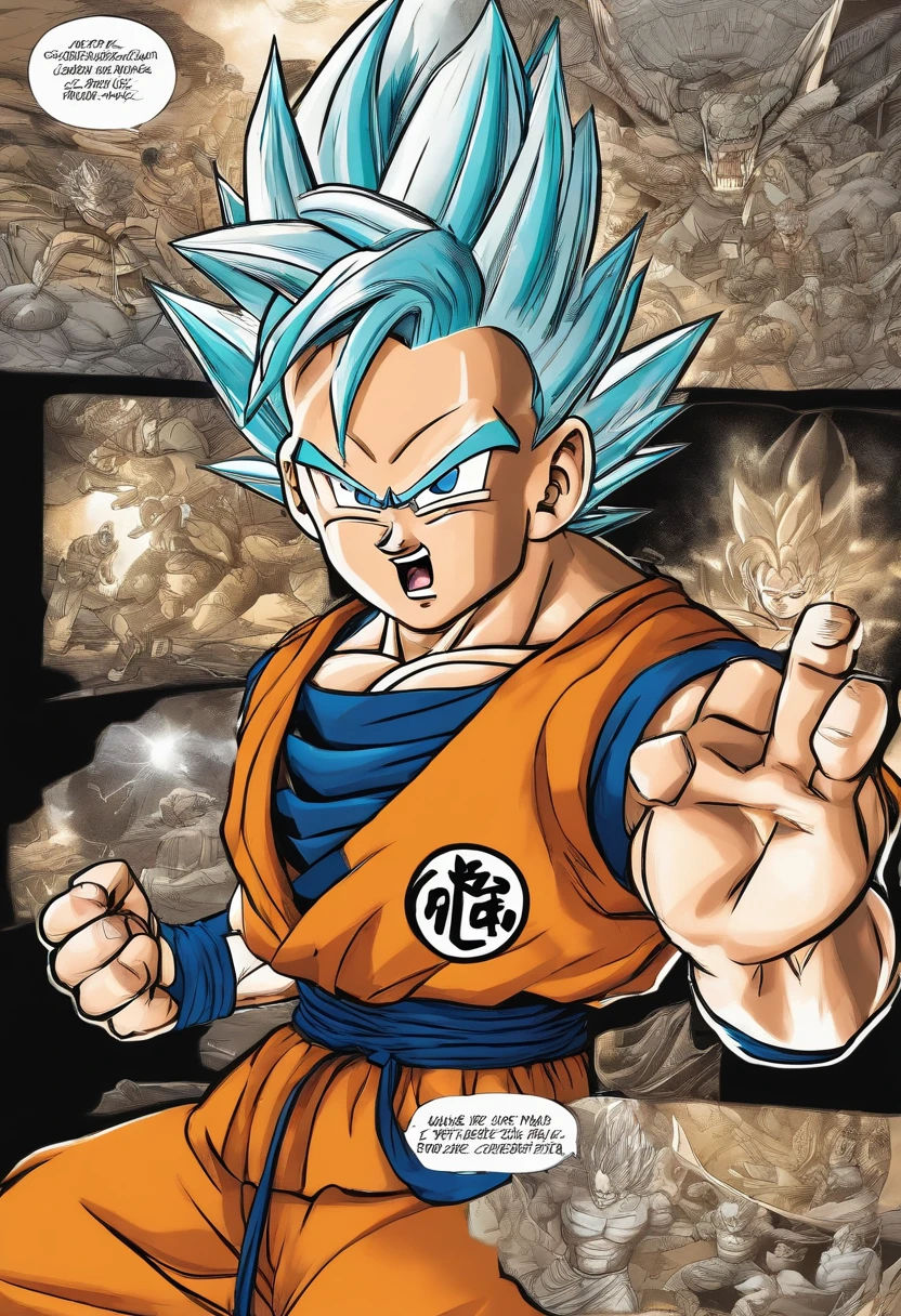 Dragon Ball manga, manga book, Comic storyboard: 1.8, Comics_layout, Super Saiyans around the world", (isolation: 1.1), (glaze: 1.1), (reflective light: 1.2), glass, polygon, Ultra detailed, Intricate, oil on the canvas, Dry brush, (surrealism: 1.1), (Disturbing: 1.1), Enhanced detail., 32K ,Ultra HD, Comics-like panel layout, Voice balloons, English text, Hand drawn audio stickers used in comics.