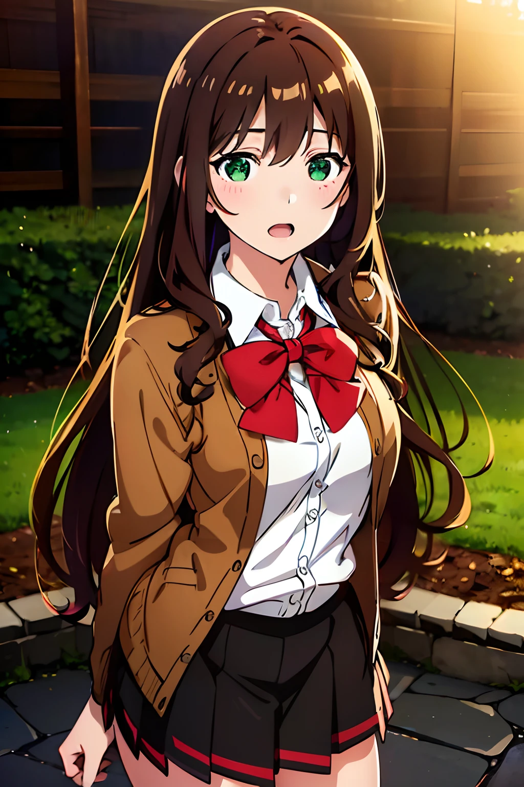 ((masterpiece, best quality, highres, UHD, perfect pixel, depth of field, 4k, RTX, HDR))), 1girl, single, solo, beautiful anime girl, beautiful artstyle, anime character, ((long hair, bangs, dark brown hair, simple hair pin)), ((green eyes:1.4, detailed eyes, beautiful eyes, perfect eyes,curly eyelashes, realistic eyes)), ((detailed face, blushing:1.2)), ((smooth texture:0.75, realistic texture:0.65, photorealistic:1.1, anime CG style)), medium breasts, ((dynamic angle, cowboy shot)), perfect body, ((red bowtie, school uniform, black jacket, open jacket, brown cardigan, white shirt, black skirt, plaid skirt)), smile, open mouth, hand behind back, leaning forward, amusement park