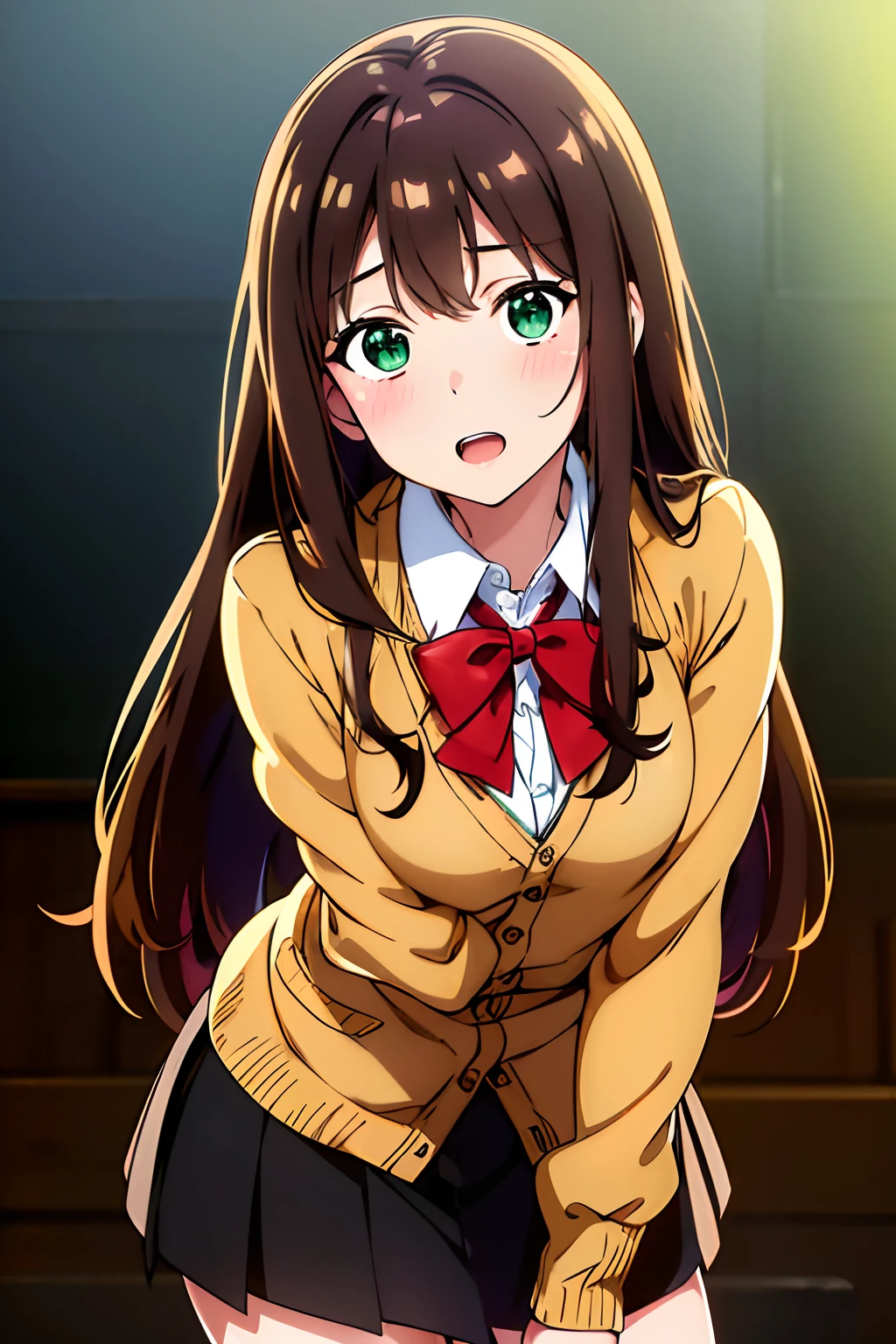 ((masterpiece, best quality, highres, UHD, perfect pixel, depth of field, 4k, RTX, HDR))), 1girl, single, solo, beautiful anime girl, beautiful artstyle, anime character, ((long hair, bangs, dark brown hair, simple hair pin)), ((green eyes:1.4, detailed eyes, beautiful eyes, perfect eyes,curly eyelashes, realistic eyes)), ((detailed face, blushing:1.2)), ((smooth texture:0.75, realistic texture:0.65, photorealistic:1.1, anime CG style)), medium breasts, ((dynamic angle, cowboy shot)), perfect body, ((red bowtie, school uniform, black jacket, open jacket, brown cardigan, white shirt, black skirt, plaid skirt)), smile, open mouth, hand behind back, leaning forward, amusement park