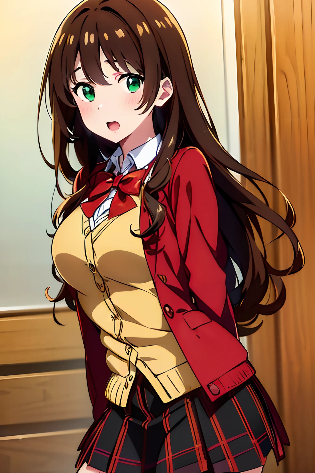 ((masterpiece, best quality, highres, UHD, perfect pixel, depth of field, 4k, RTX, HDR))), 1girl, single, solo, beautiful anime girl, beautiful artstyle, anime character, ((long hair, bangs, dark brown hair, simple hair pin)), ((green eyes:1.4, detailed eyes, beautiful eyes, perfect eyes,curly eyelashes, realistic eyes)), ((detailed face, blushing:1.2)), ((smooth texture:0.75, realistic texture:0.65, photorealistic:1.1, anime CG style)), medium breasts, ((dynamic angle, cowboy shot)), perfect body, ((red bowtie, school uniform, black jacket, open jacket, brown cardigan, white shirt, black skirt, plaid skirt)), smile, open mouth, hand behind back, leaning forward, amusement park