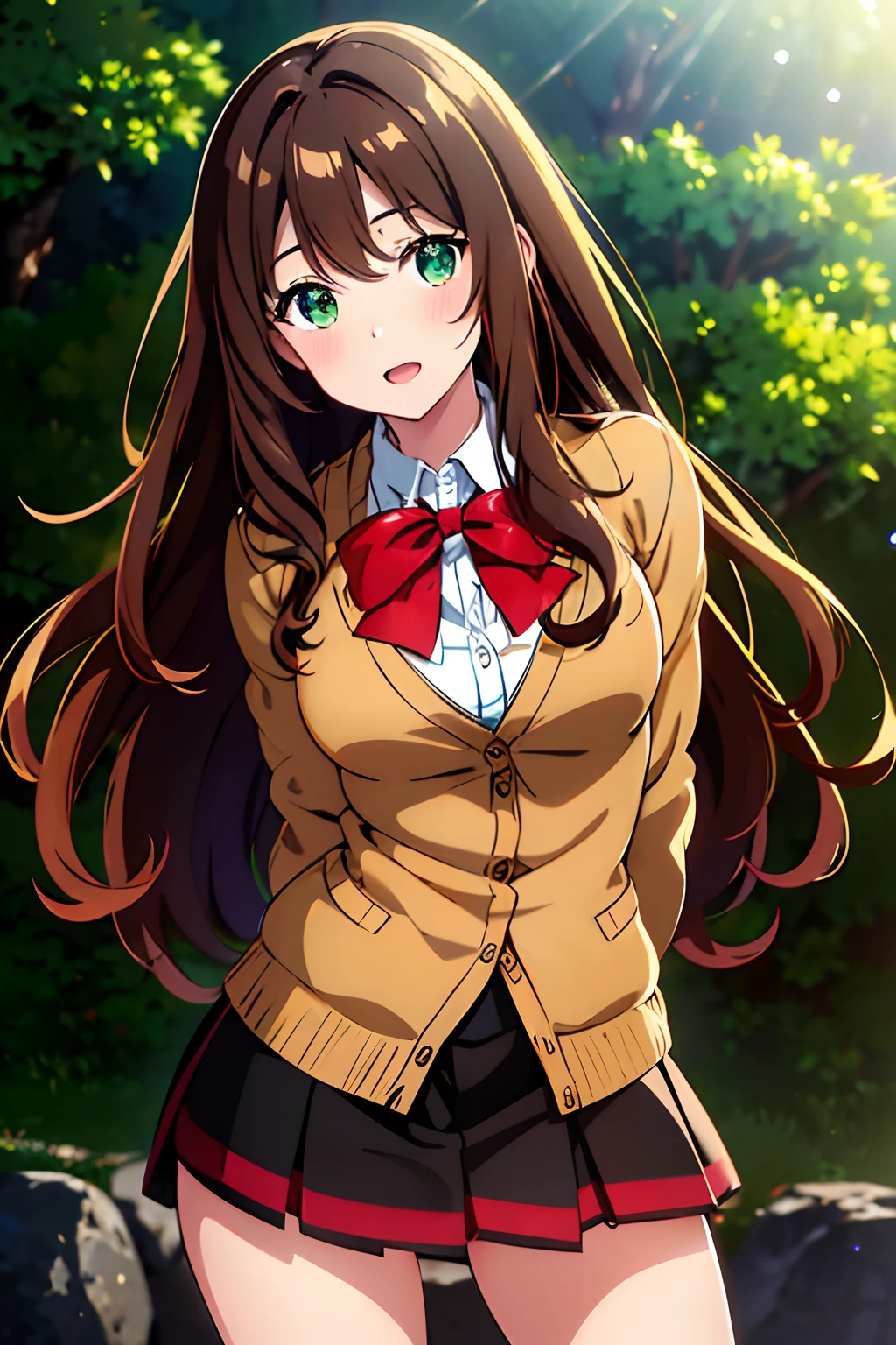 ((masterpiece, best quality, highres, UHD, perfect pixel, depth of field, 4k, RTX, HDR))), 1girl, single, solo, beautiful anime girl, beautiful artstyle, anime character, ((long hair, bangs, dark brown hair, simple hair pin)), ((green eyes:1.4, detailed eyes, beautiful eyes, perfect eyes,curly eyelashes, realistic eyes)), ((detailed face, blushing:1.2)), ((smooth texture:0.75, realistic texture:0.65, photorealistic:1.1, anime CG style)), medium breasts, ((dynamic angle, cowboy shot)), perfect body, ((red bowtie, school uniform, black jacket, open jacket, brown cardigan, white shirt, black skirt, plaid skirt)), smile, open mouth, hand behind back, leaning forward, amusement park